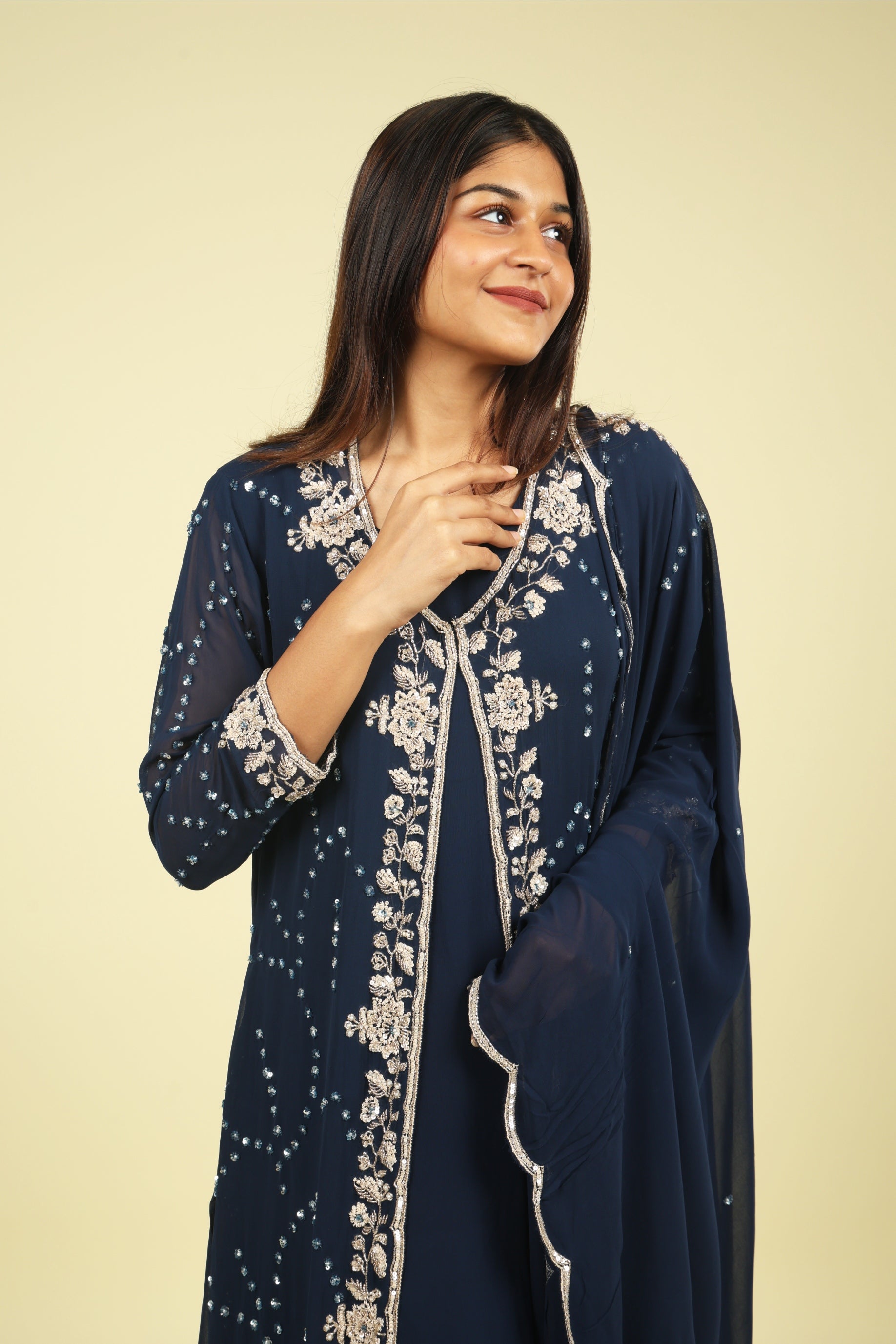 Navy Blue Georgette Anarkali Set with Cape & Dupatta