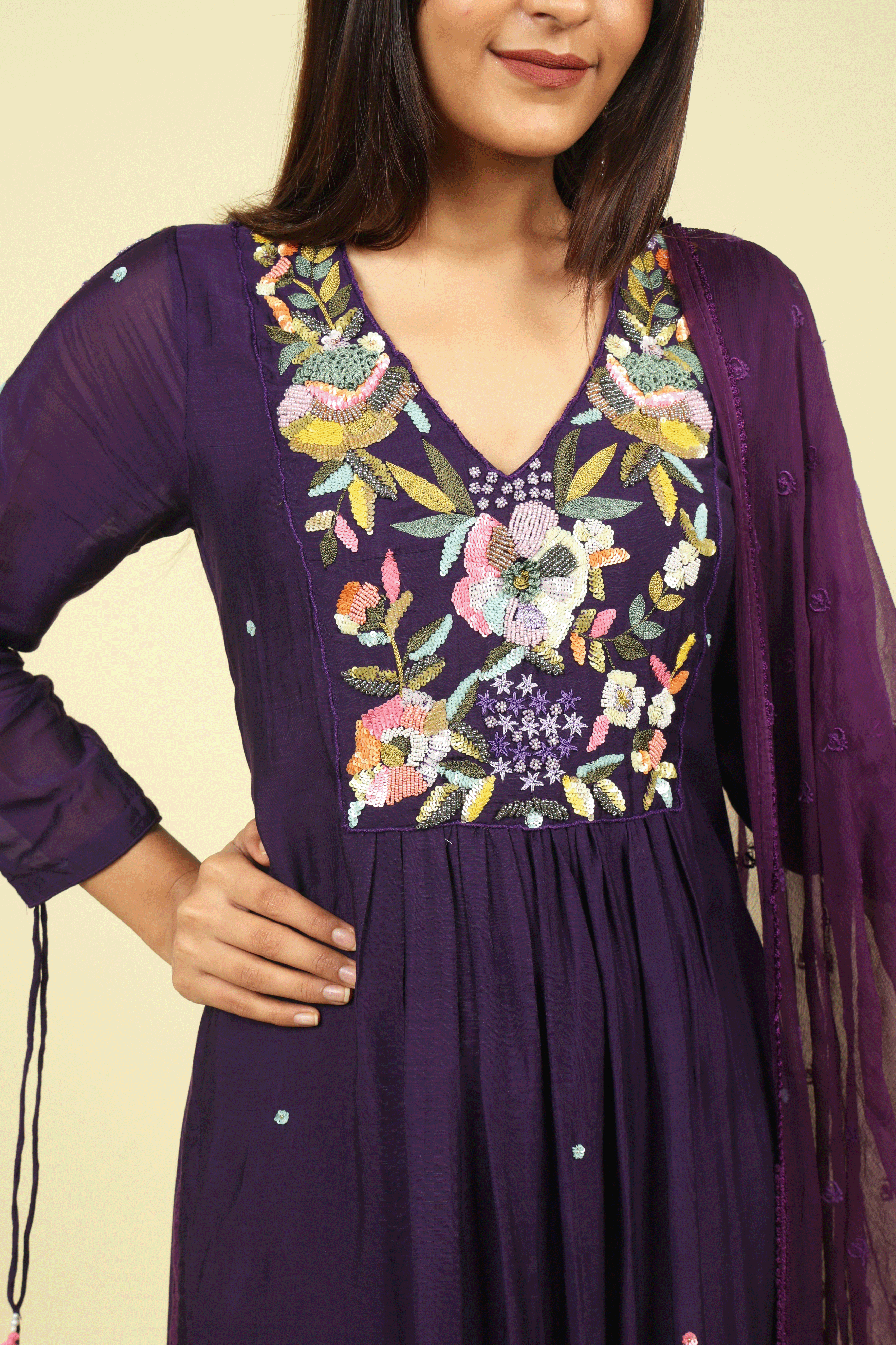 Purple Embroidered Mul Chanderi Salwar Set