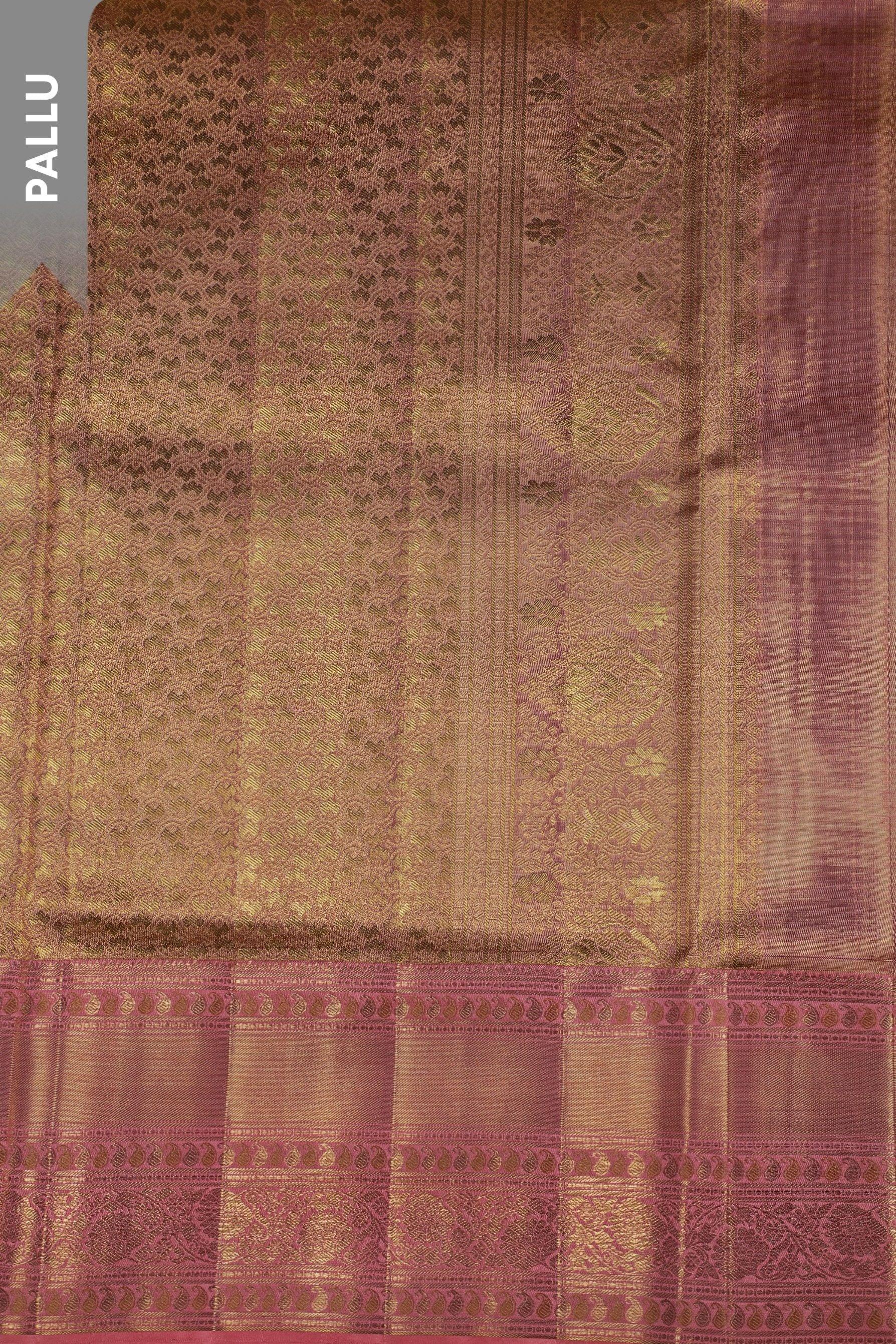 Green-Peach Dual Tone Tissue Silk Saree with Floral Jaal and Peach Border Mokshaa