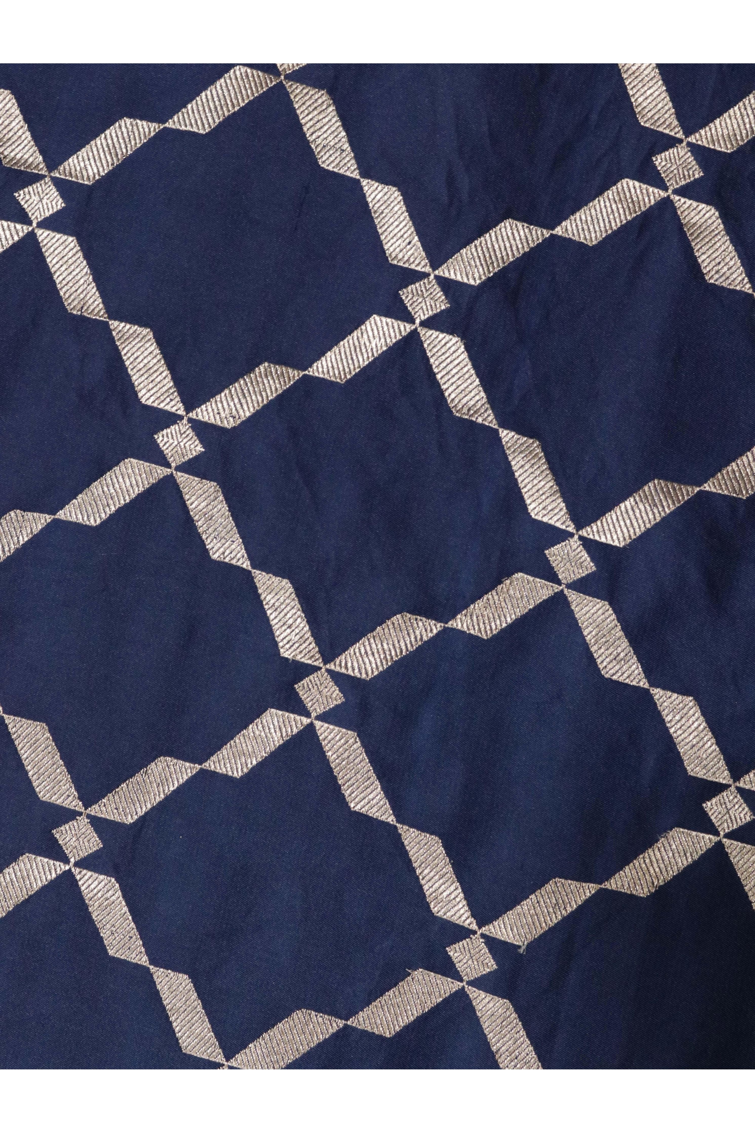 Indigo Blue Banarasi Mushroom Silk Saree with Silver Zari Geometric Jaal & Zari Border - Mokshaa