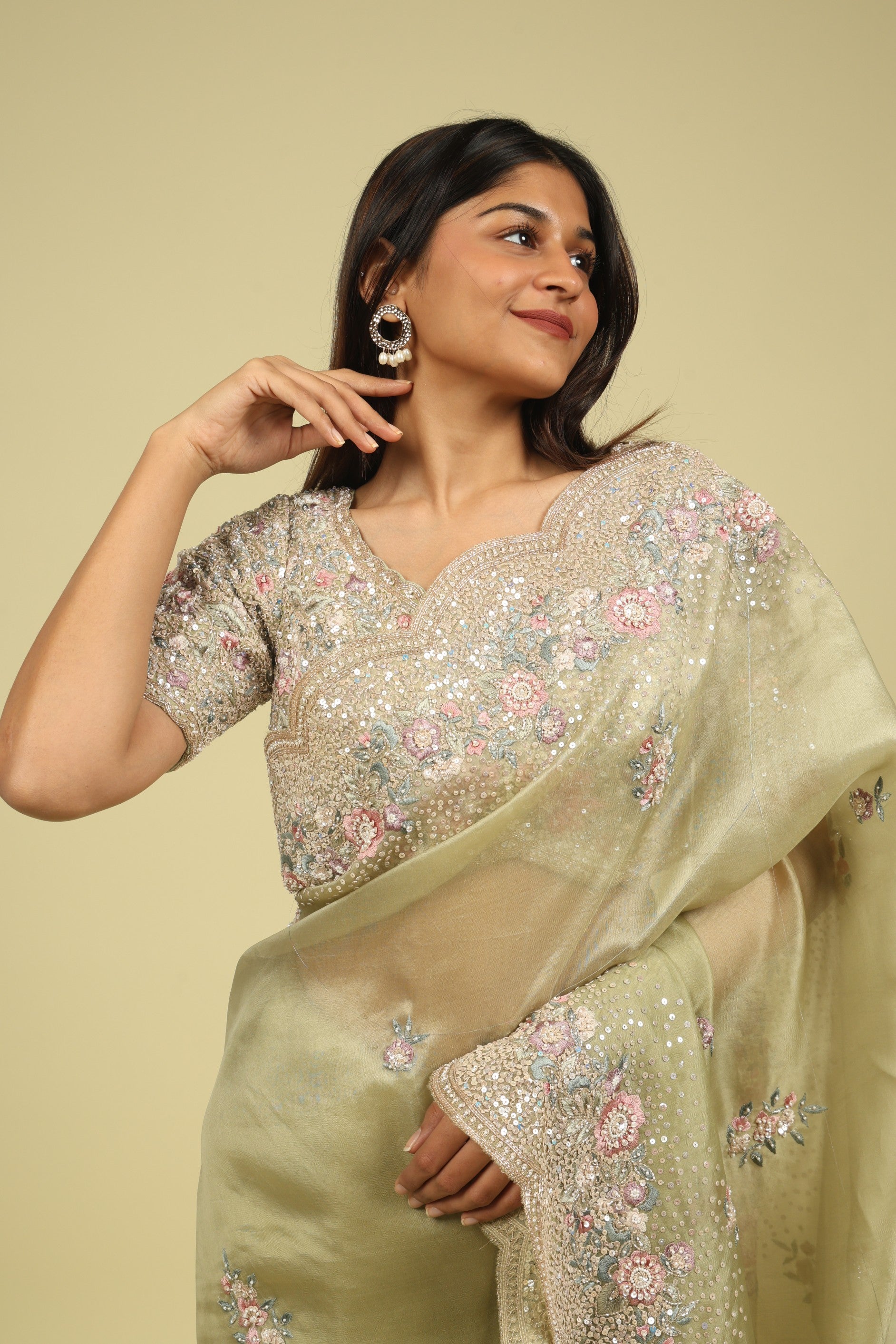 Light Green Organza Saree with Sequin & Thread Embroidery Motifs