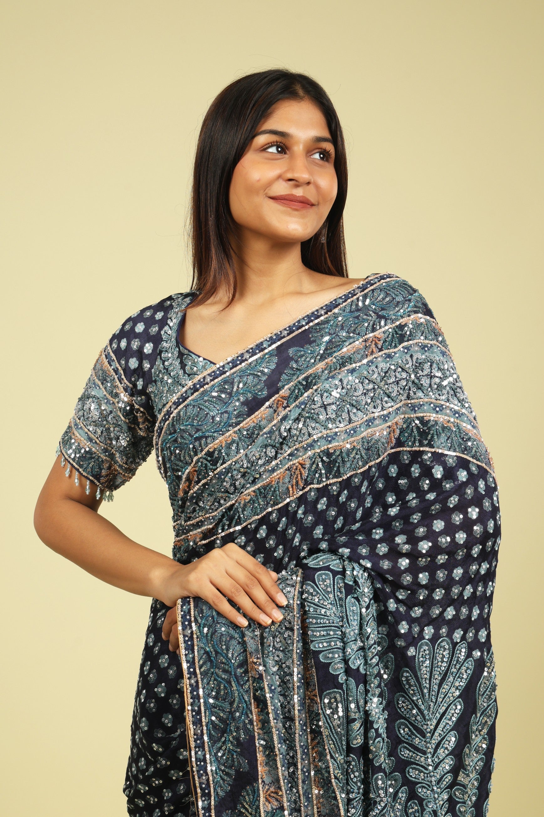 Dark Blue Soft Georgette Saree with All-Over Fancy Sequin Highlights