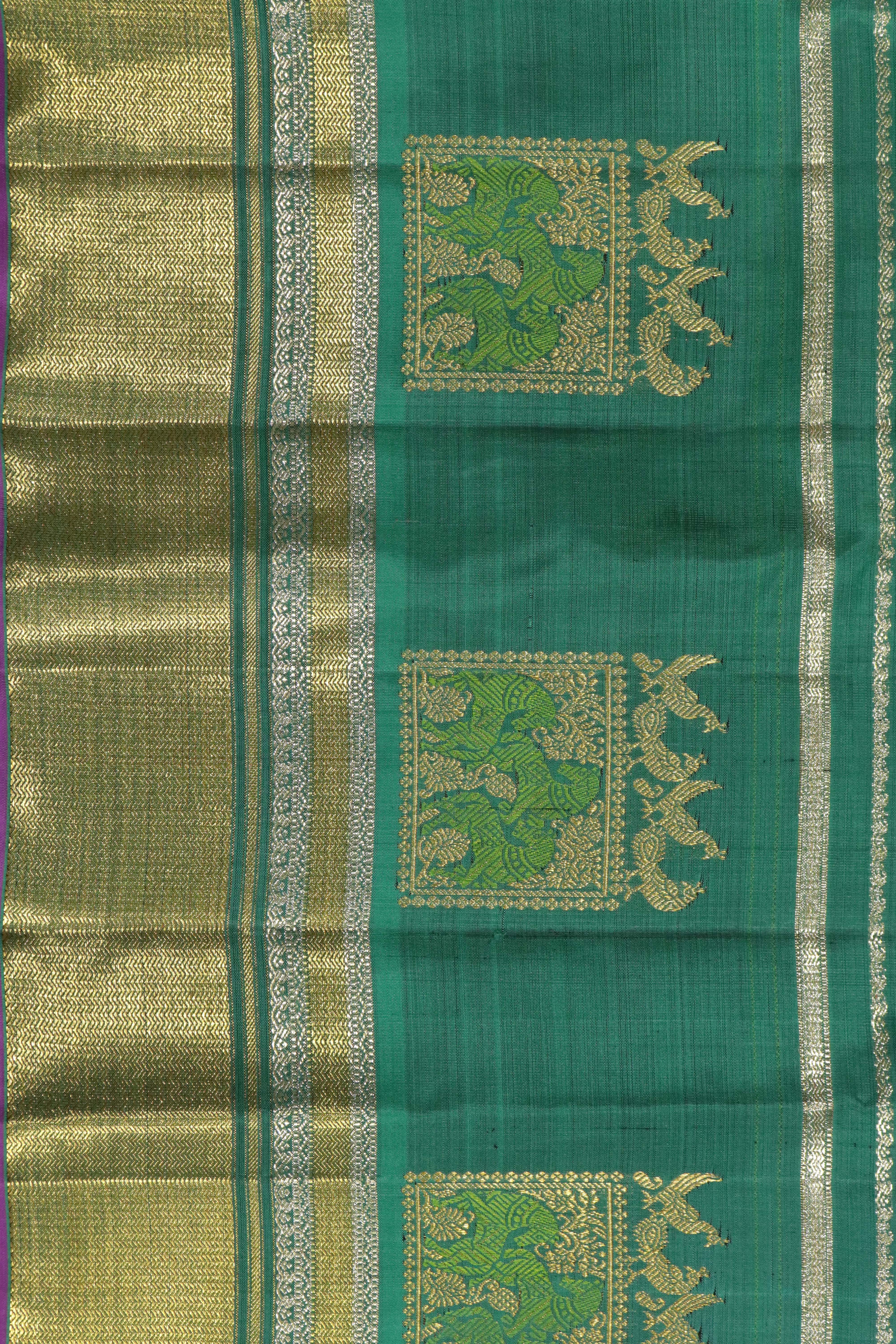 Teal Blue Kanchipuram Silk Saree with Silver Zari Stripes and Zari Border