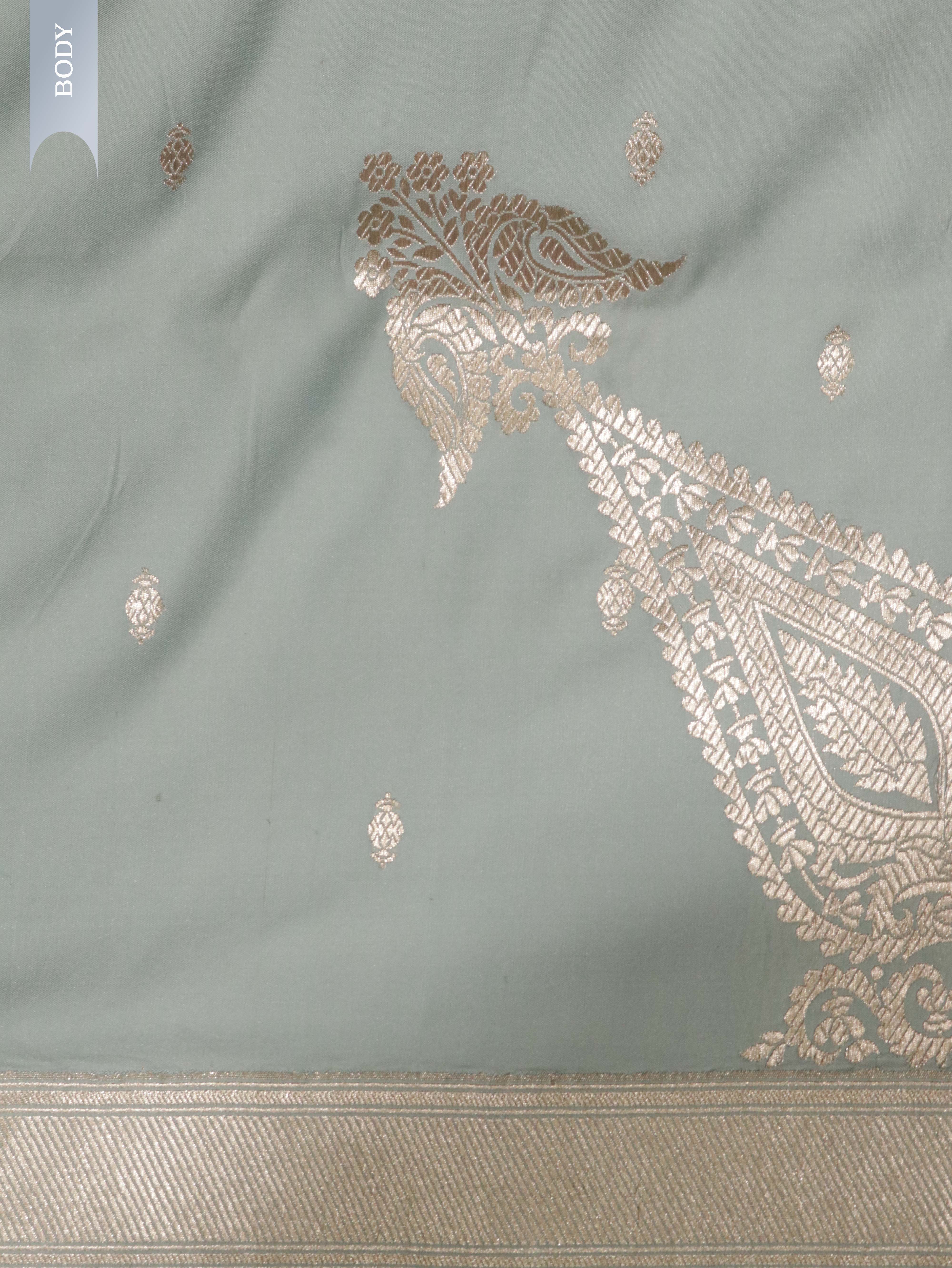 Light Blue Banarasi Mushroom Silk Saree with Silver Motifs & Silver Zari Border