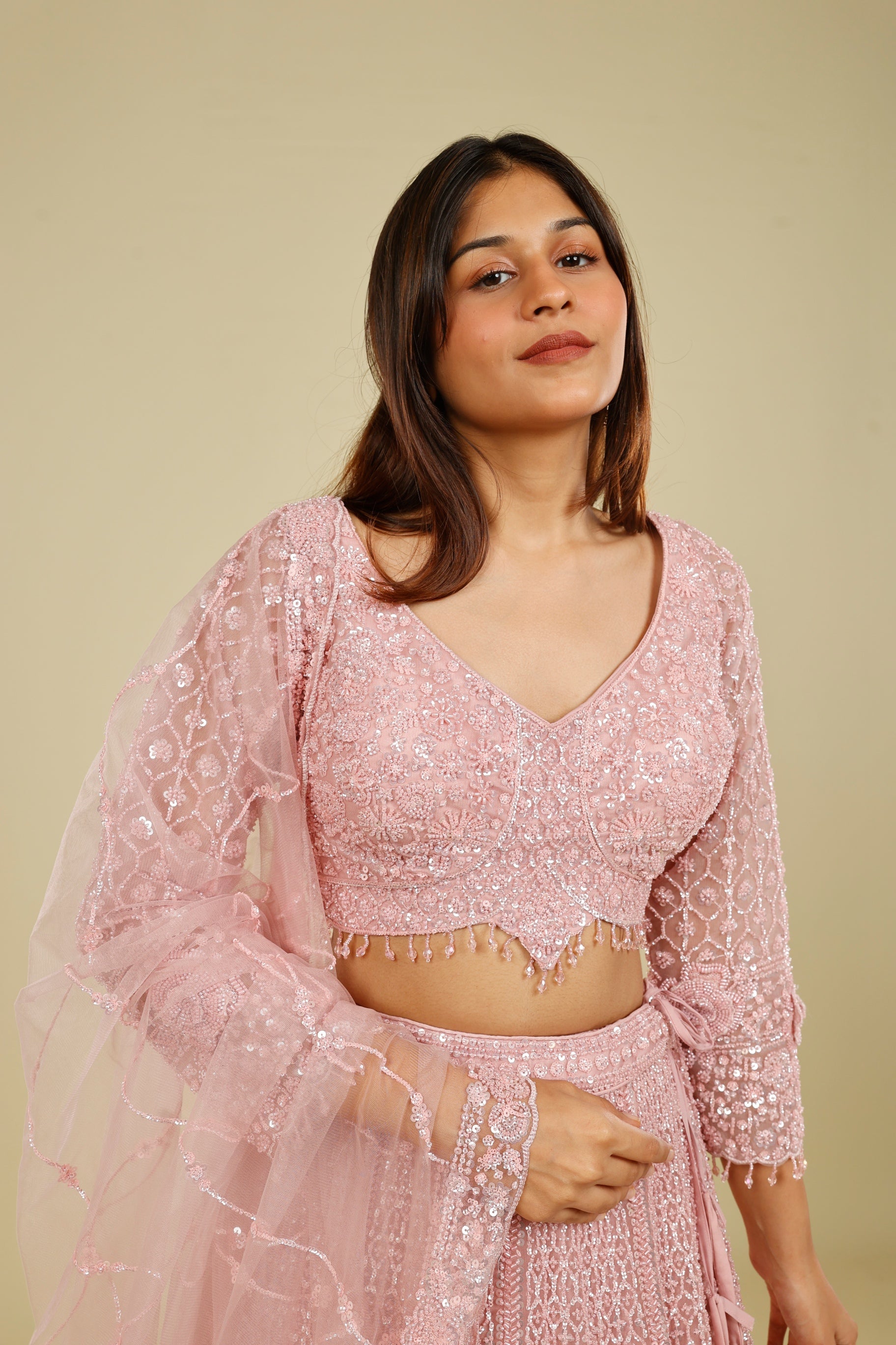 Blush Pink Net Lehenga Set with Pearl, Sequin & Cutdana Embroidery