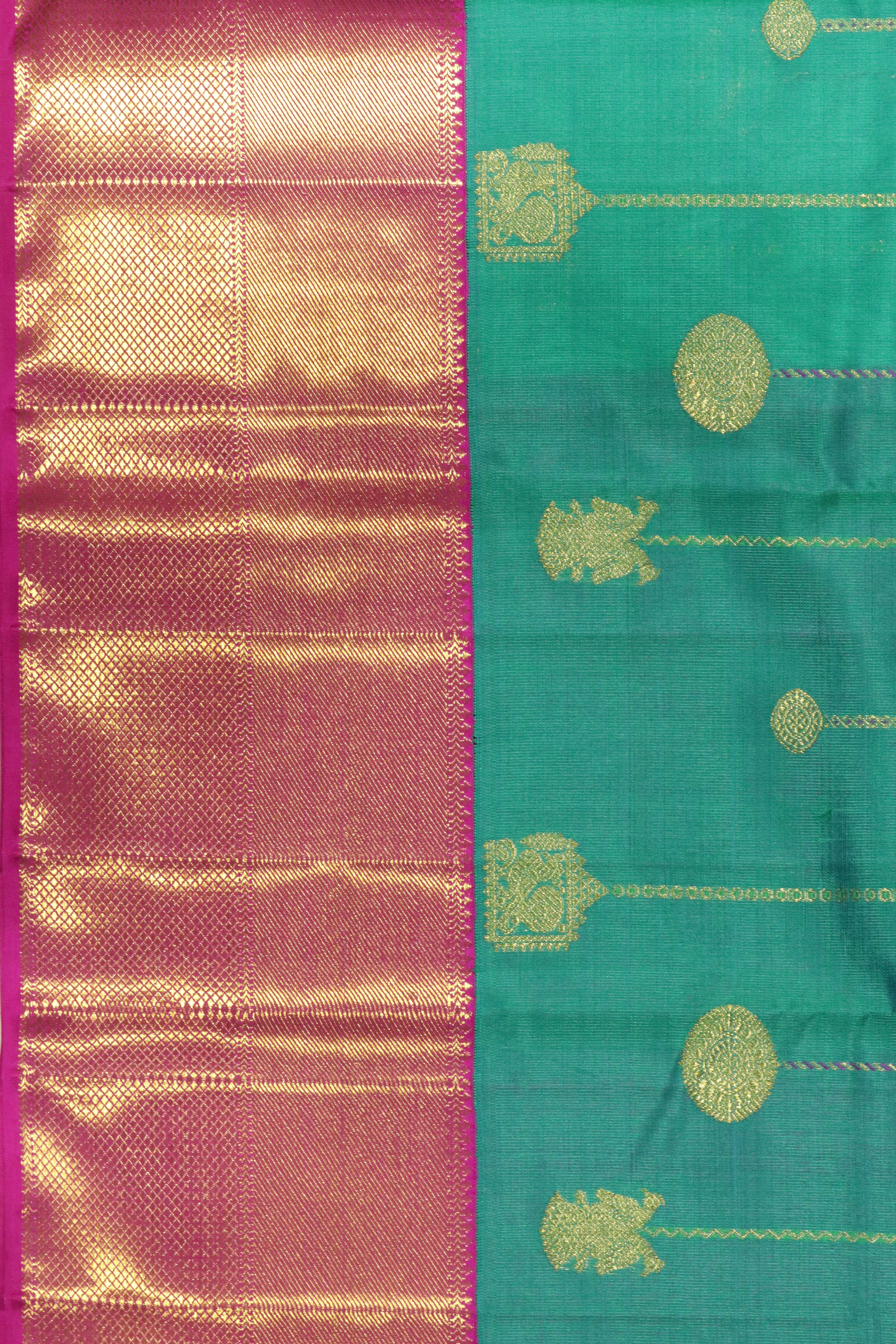Turquoise Blue Kanchipuram Silk Saree with Zari Stripes, Buttas & Contrast Border