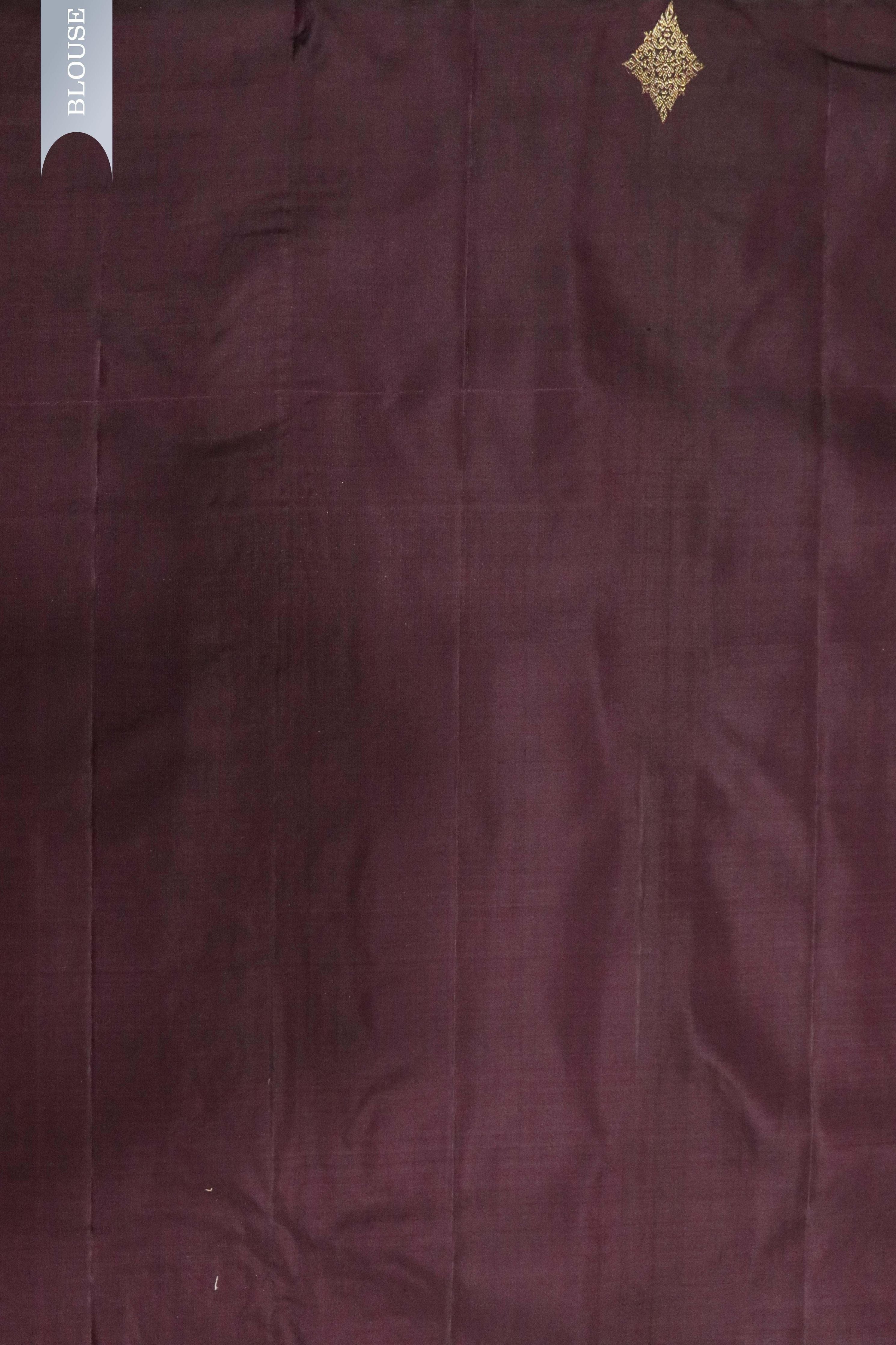 Brown Kanchipuram Silk Saree with Gold Geometrical Lines and Zari Motif Border - Mokshaa