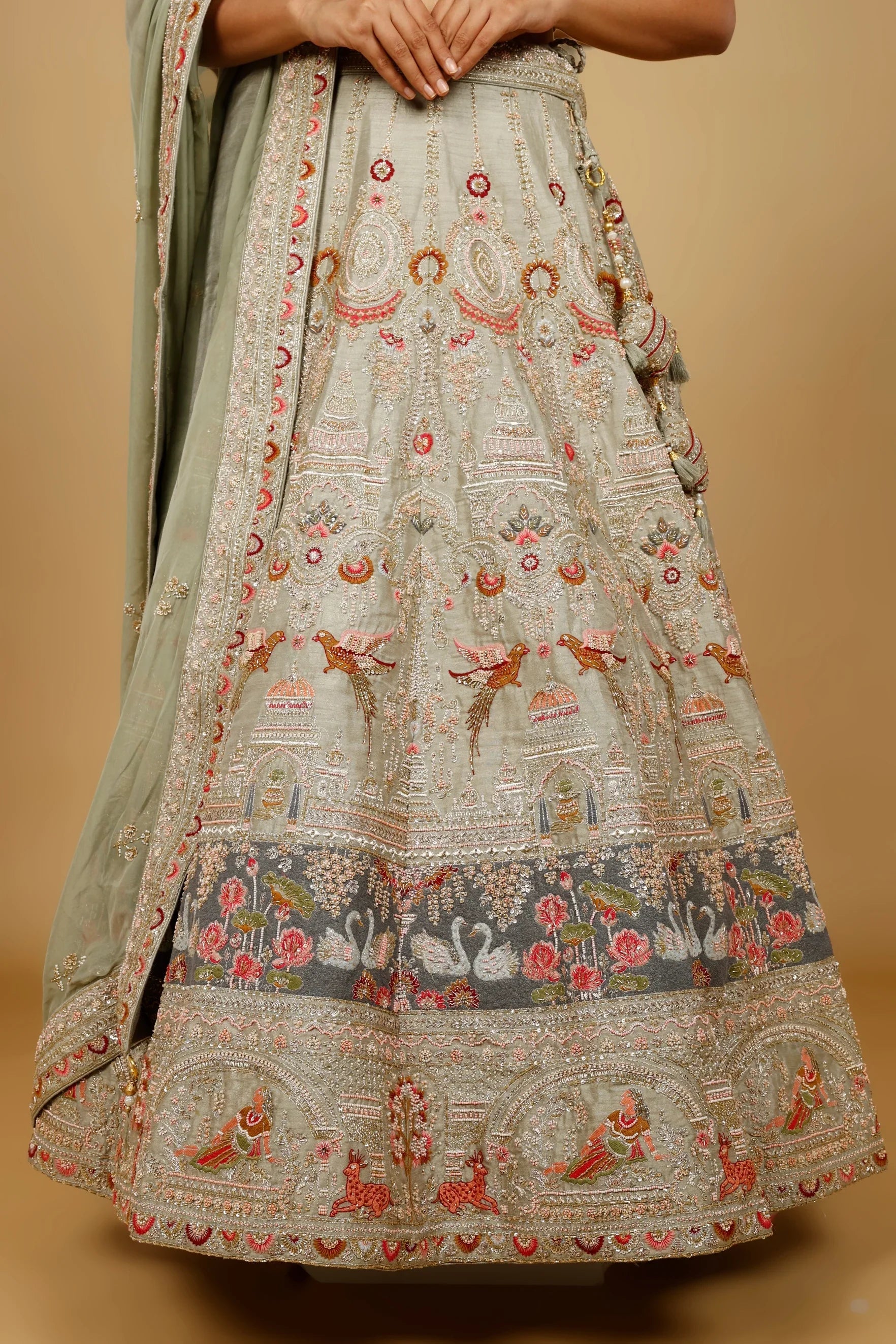 Sage Green Raw Silk Bridal Lehenga Set with Zardozi, Cutdana & Pearl Embroidery