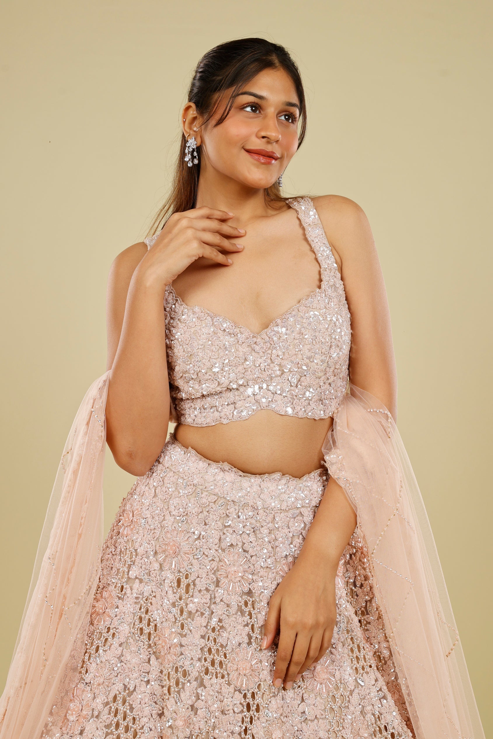 Blush Pink Net Cutwork Lehenga Set with Sequin, Stone & Pearl Embroidery