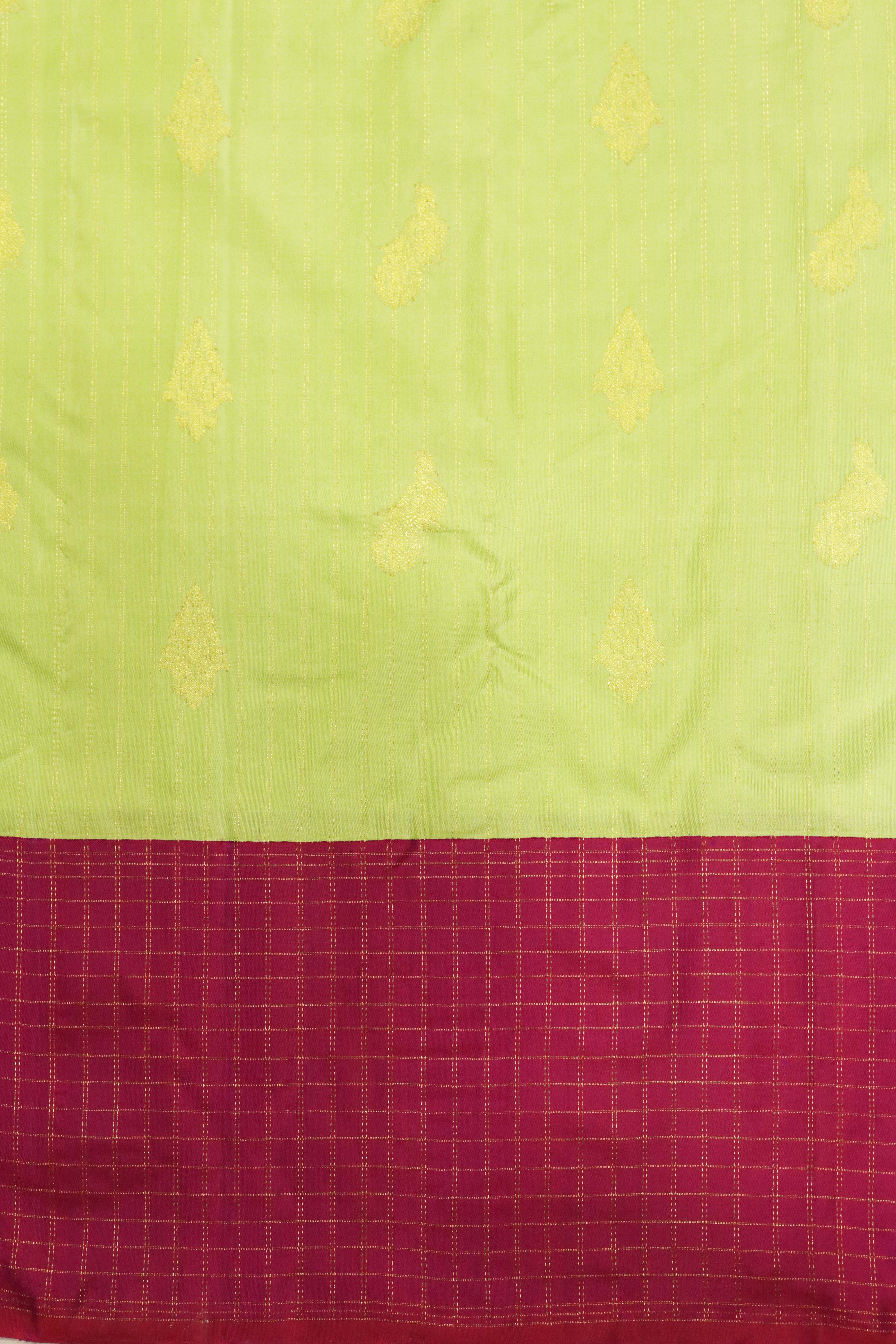 Green with Pink Kanchipuram Silk Saree with Zari Vertical Lines, Motifs & Contrast Zari Checks Border