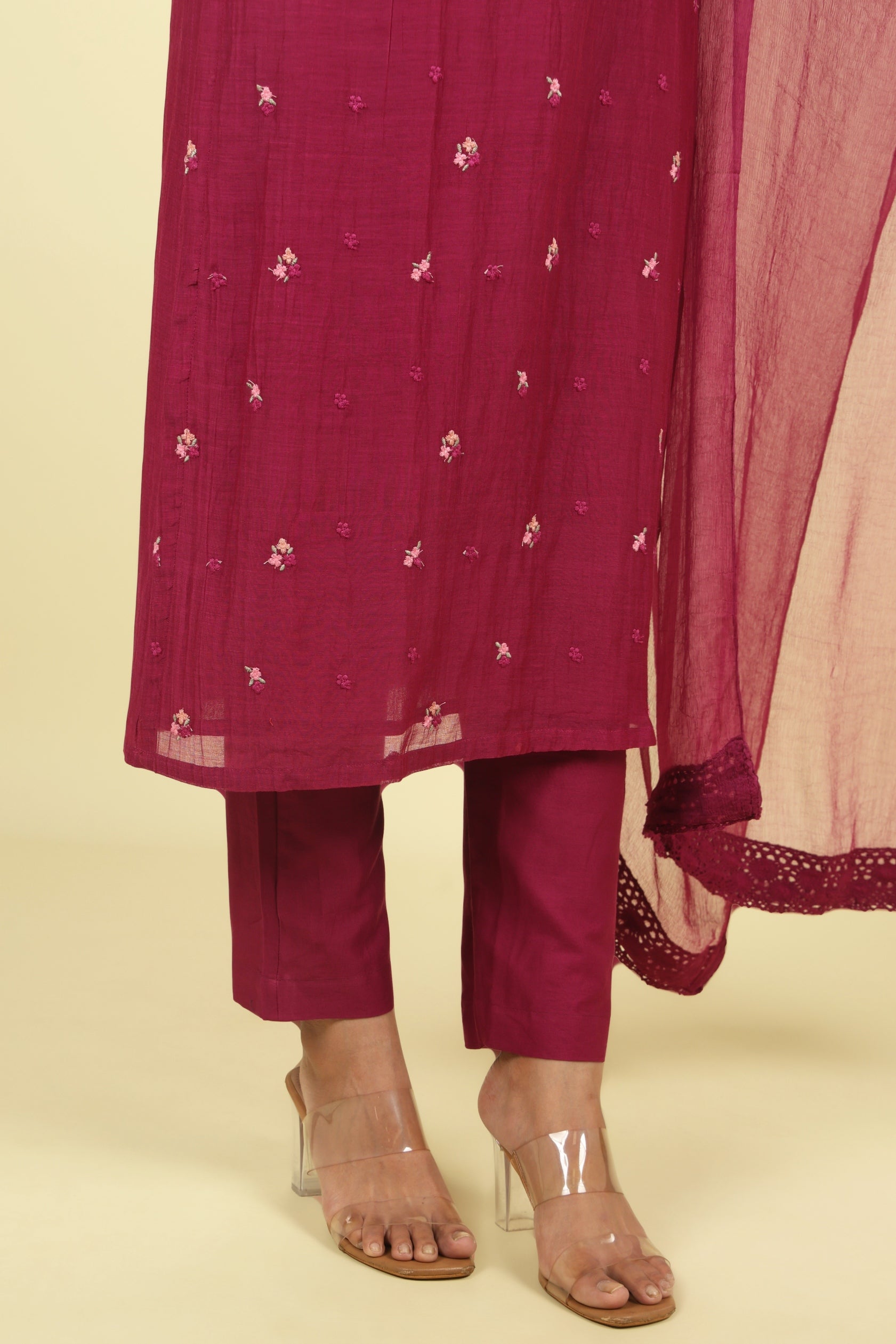 Magenta Mul Chanderi Straight Cut Salwar Set with Chiffon Dupatta