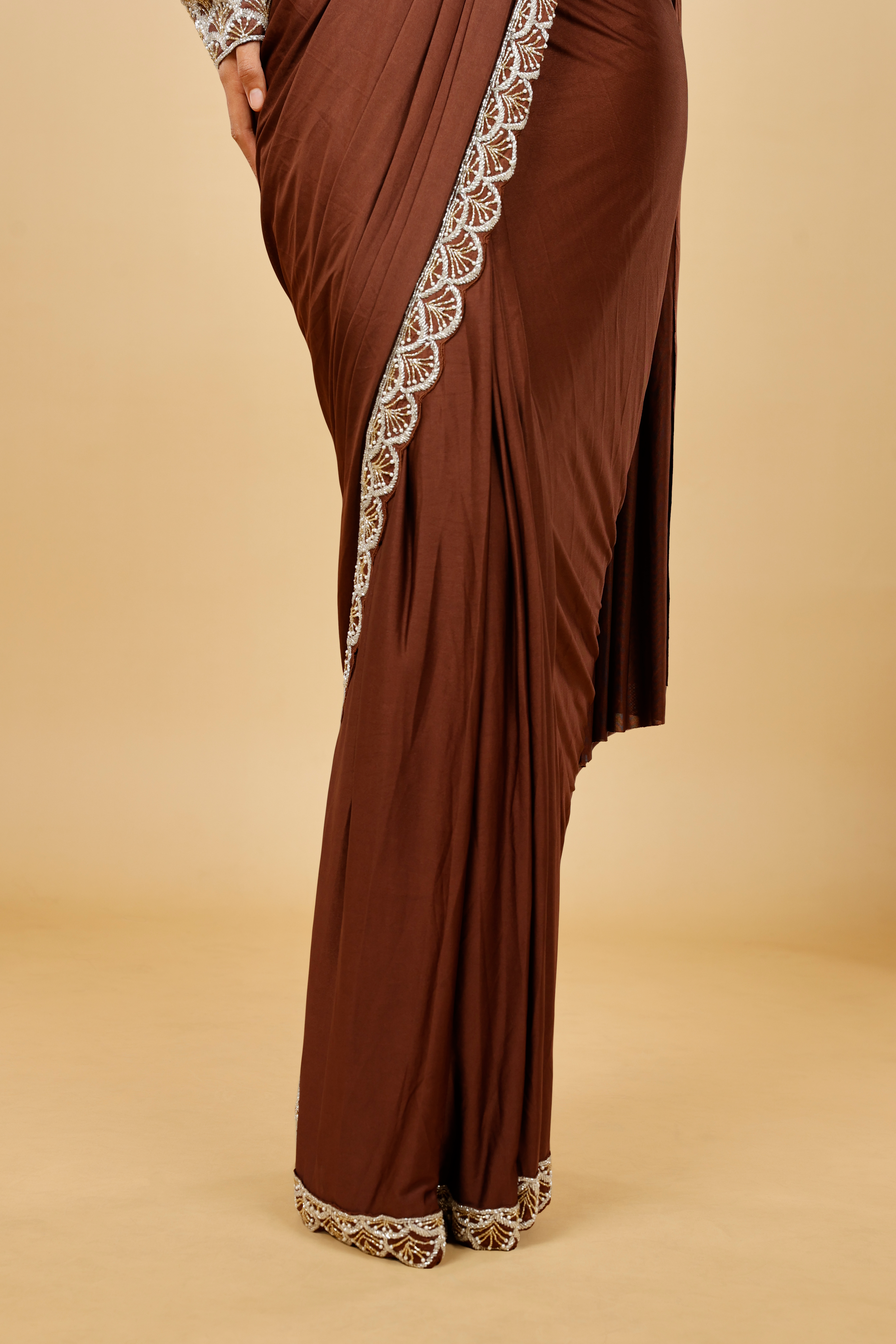 Brown Satin Lycra Drape Saree with Pearl & Cutdana Embroidery