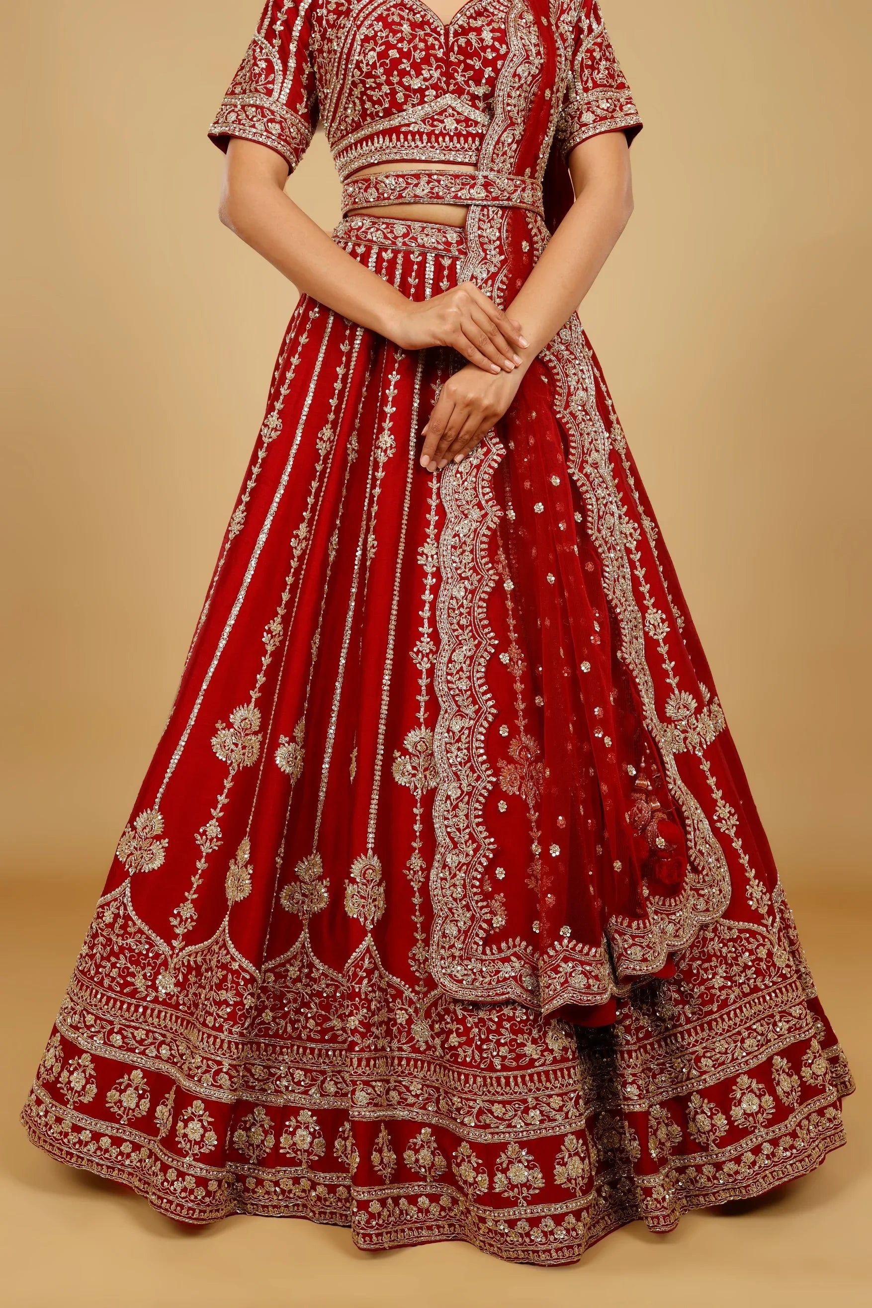Maroon Raw Silk Bridal Lehenga Set with Zari, Sequin & Pearl Embroidery