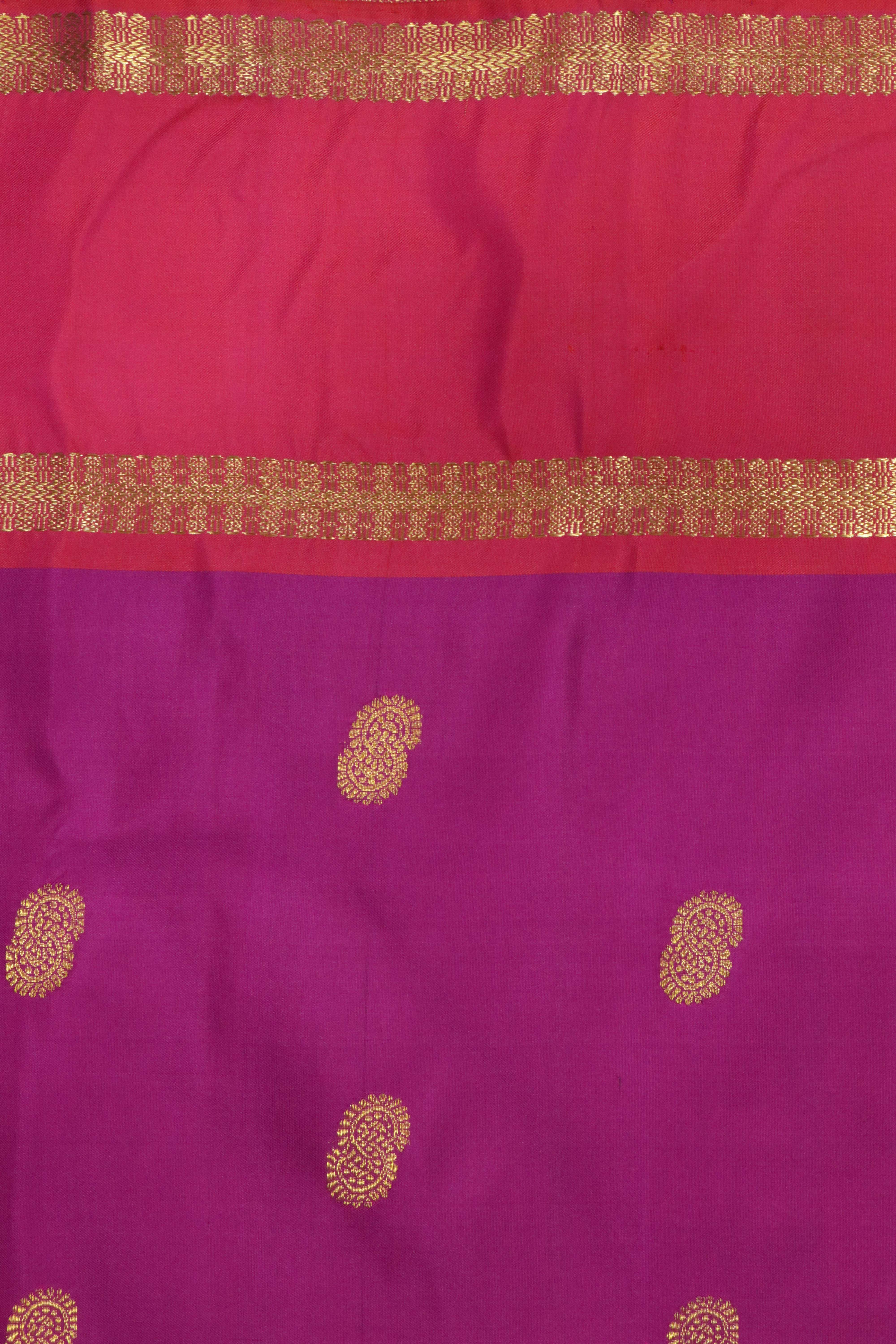 Magenta Kanchipuram Silk Saree with Gold Zari Motifs and Contrast Border