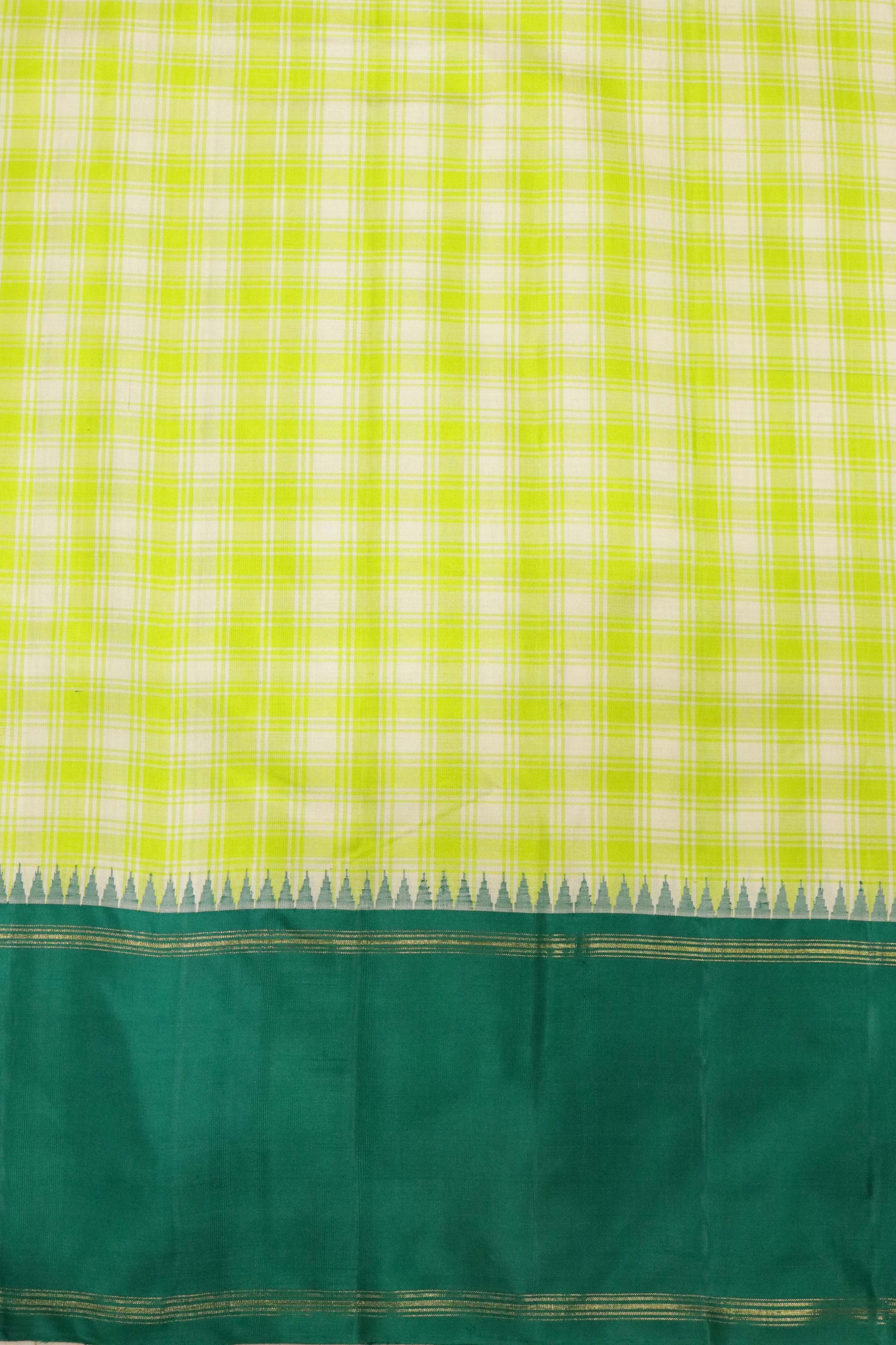 Green Kanchipuram Silk Saree with All-Over Checks & Contrast Silk Border - Mokshaa