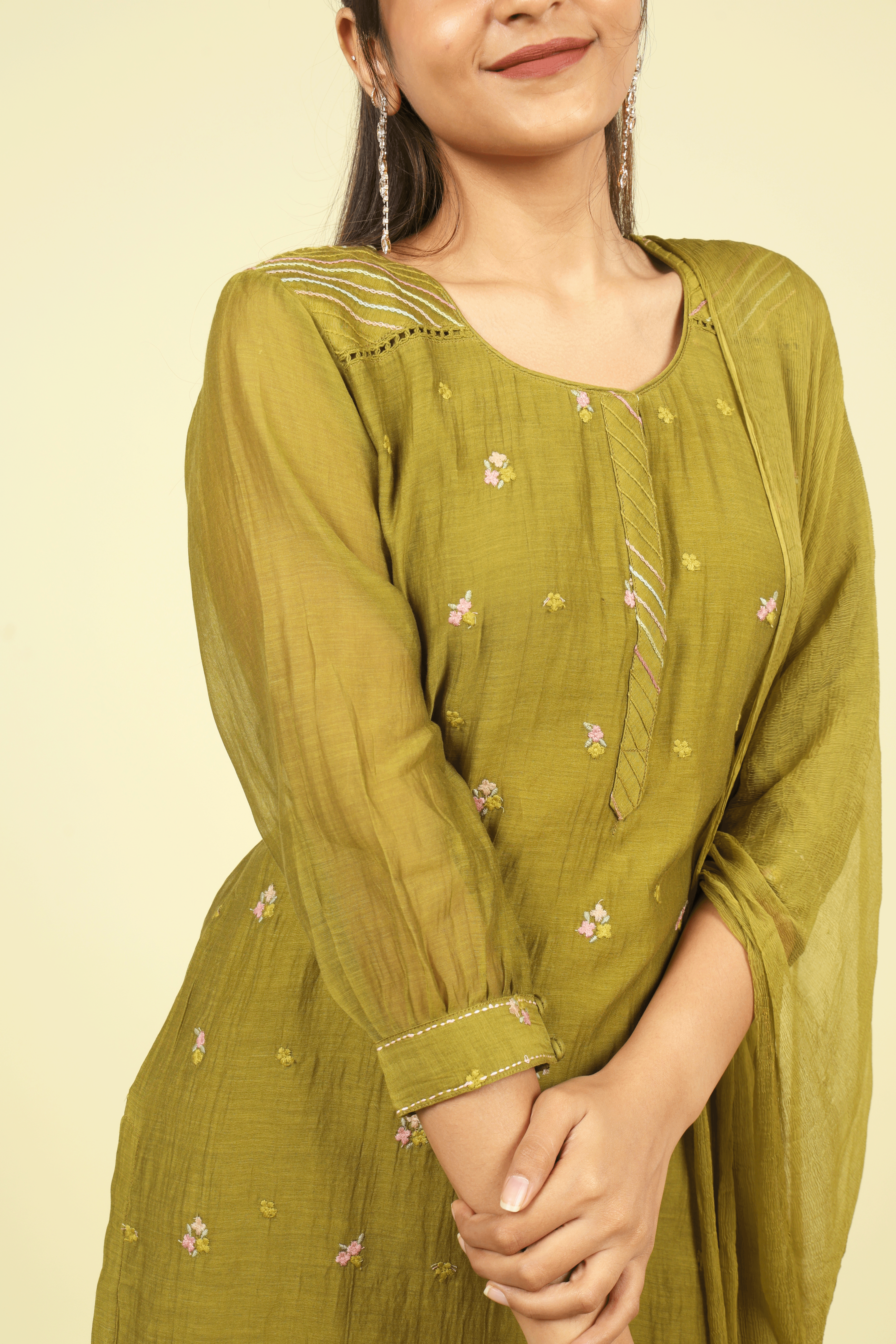 Olive Green Mul Chanderi Straight Cut Salwar Set with Chiffon Dupatta