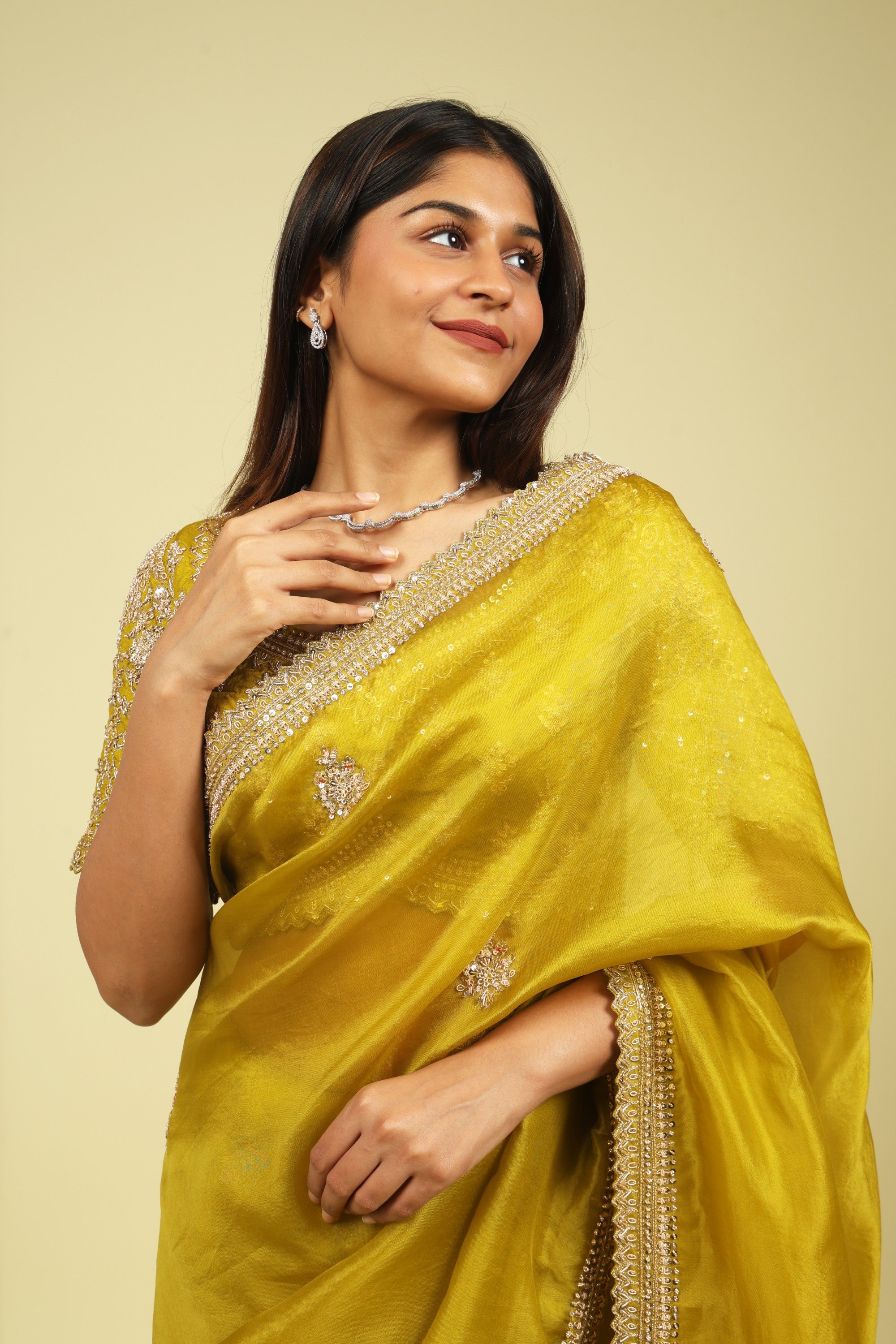 Lime Green Organza Saree with Zardoosi, Sequin Buttas & Embroidered Border