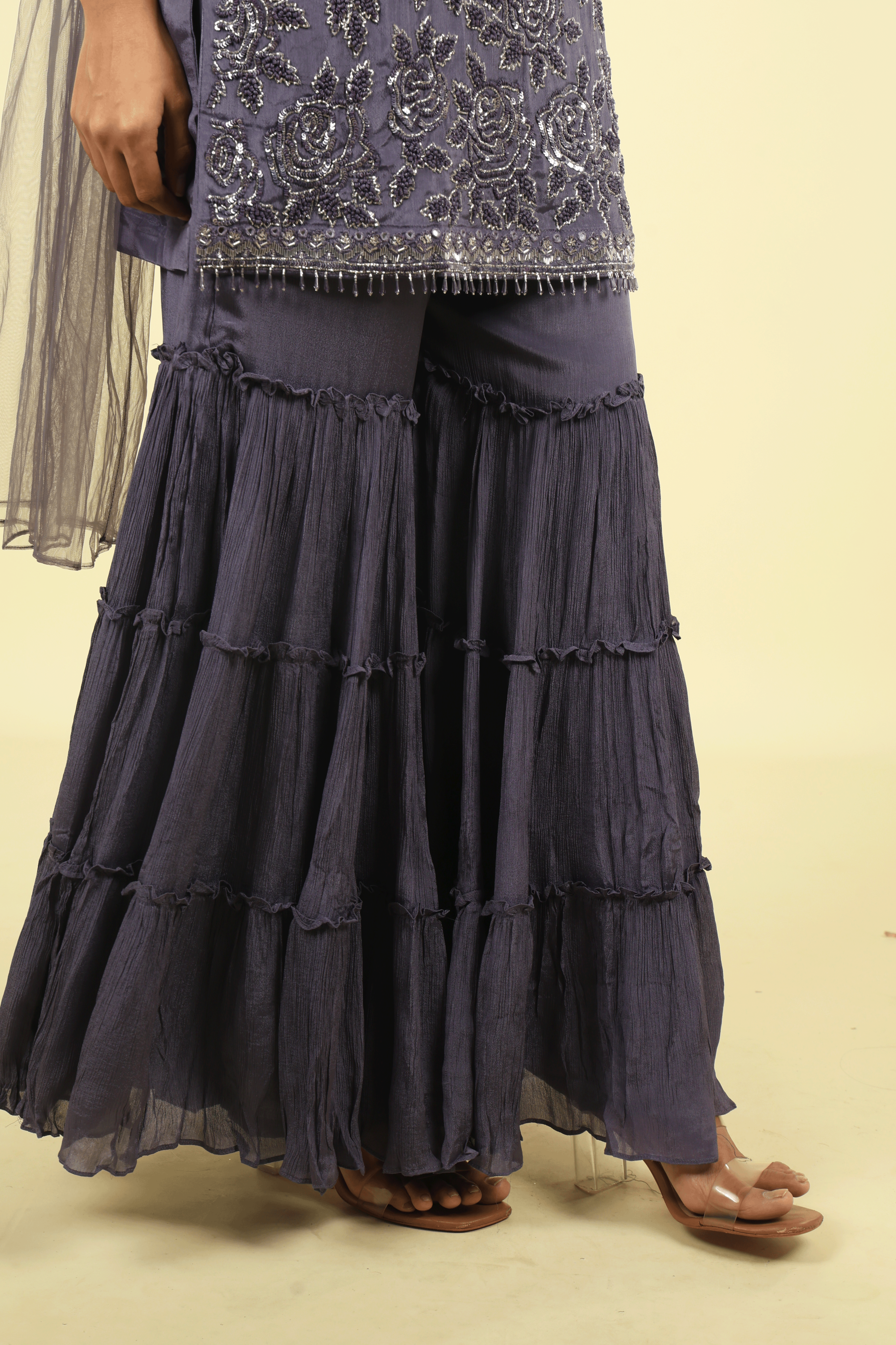 Amethyst Chinon Sharara Set with Sequin & Cutdana Embroidery - Mokshaa