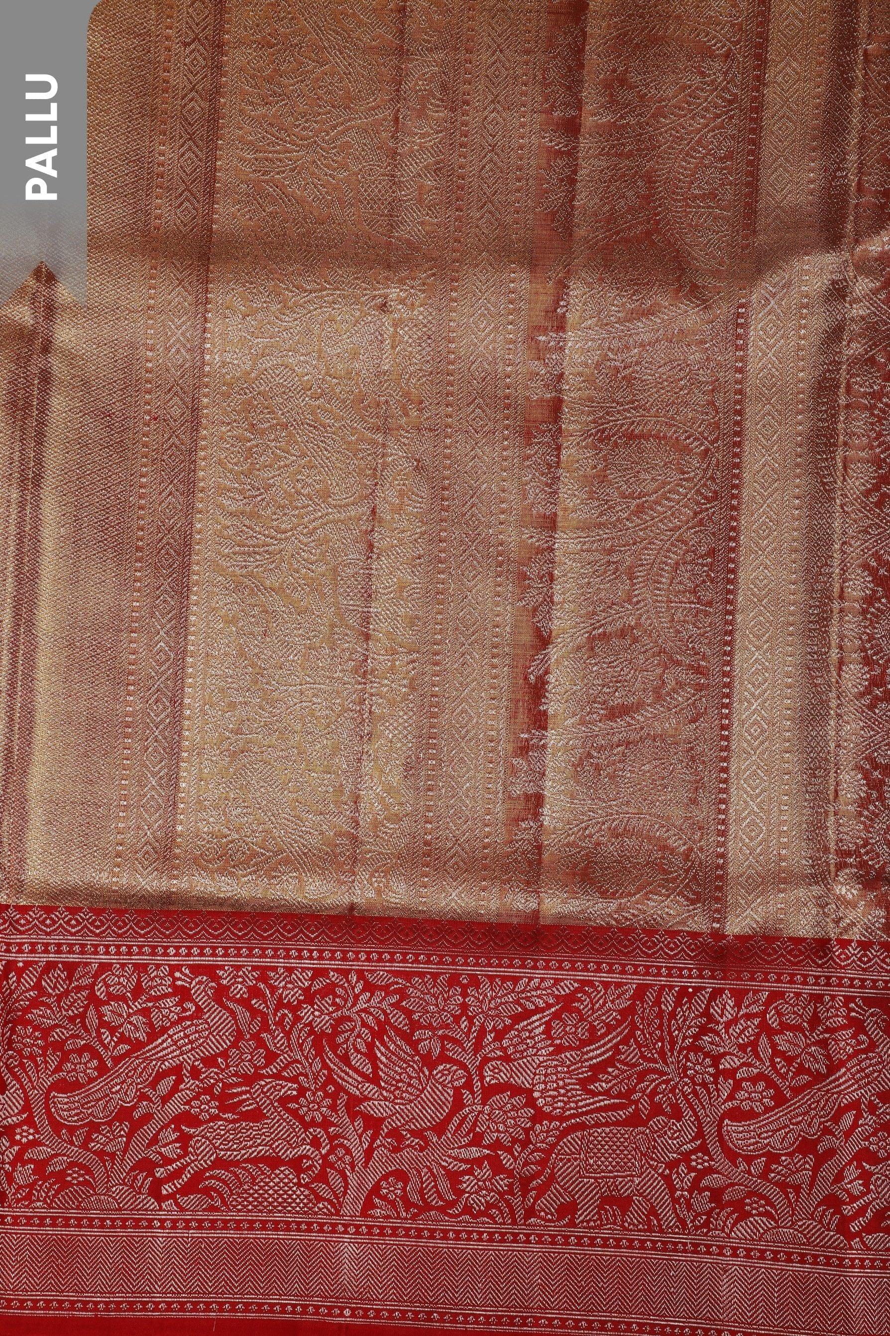 Burnt Gold Tissue Silk Saree with Zari Jaal and Red Korvai Border Mokshaa