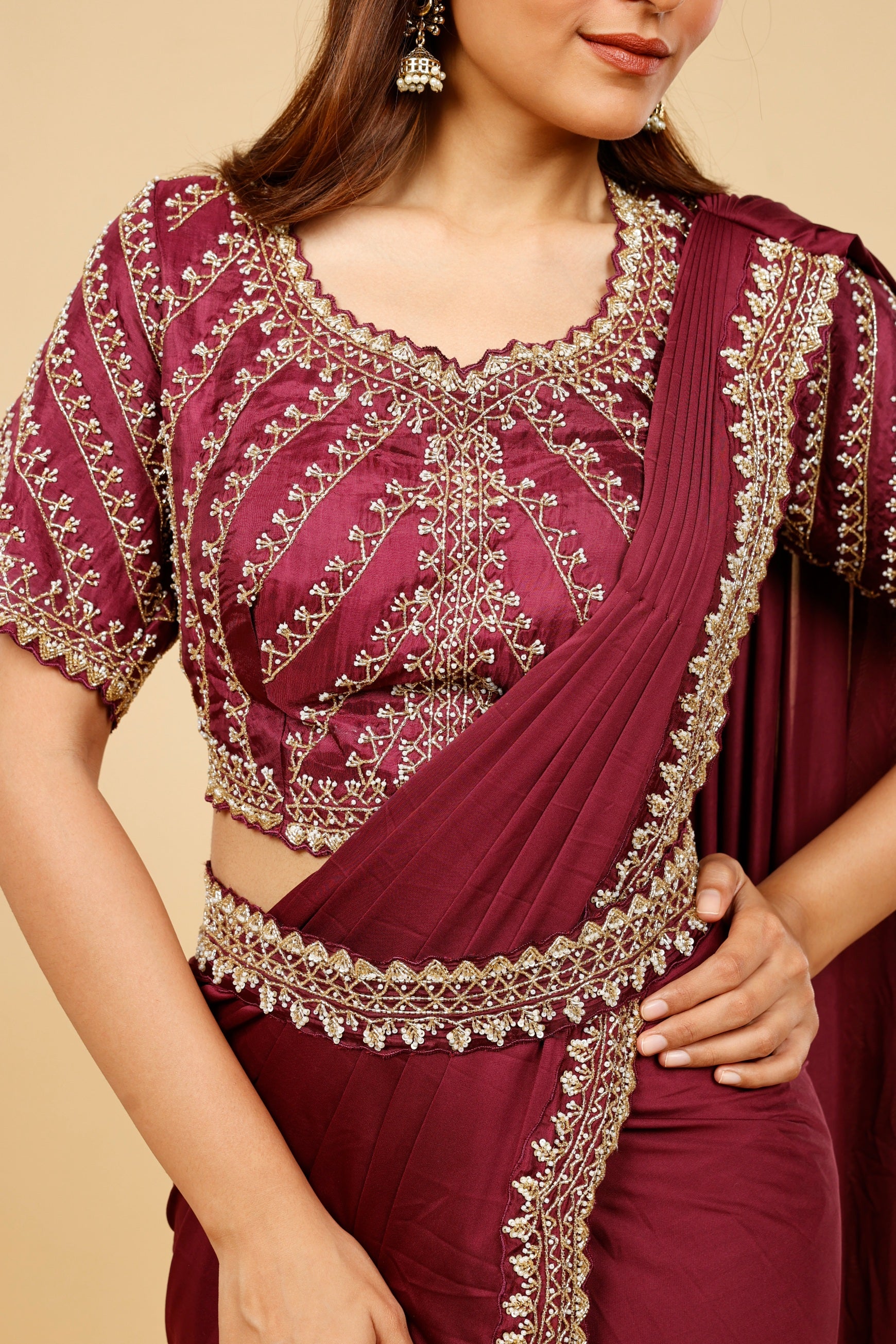 Maroon Satin Lycra Drape Saree with Pearl & Cutdana Embroidery