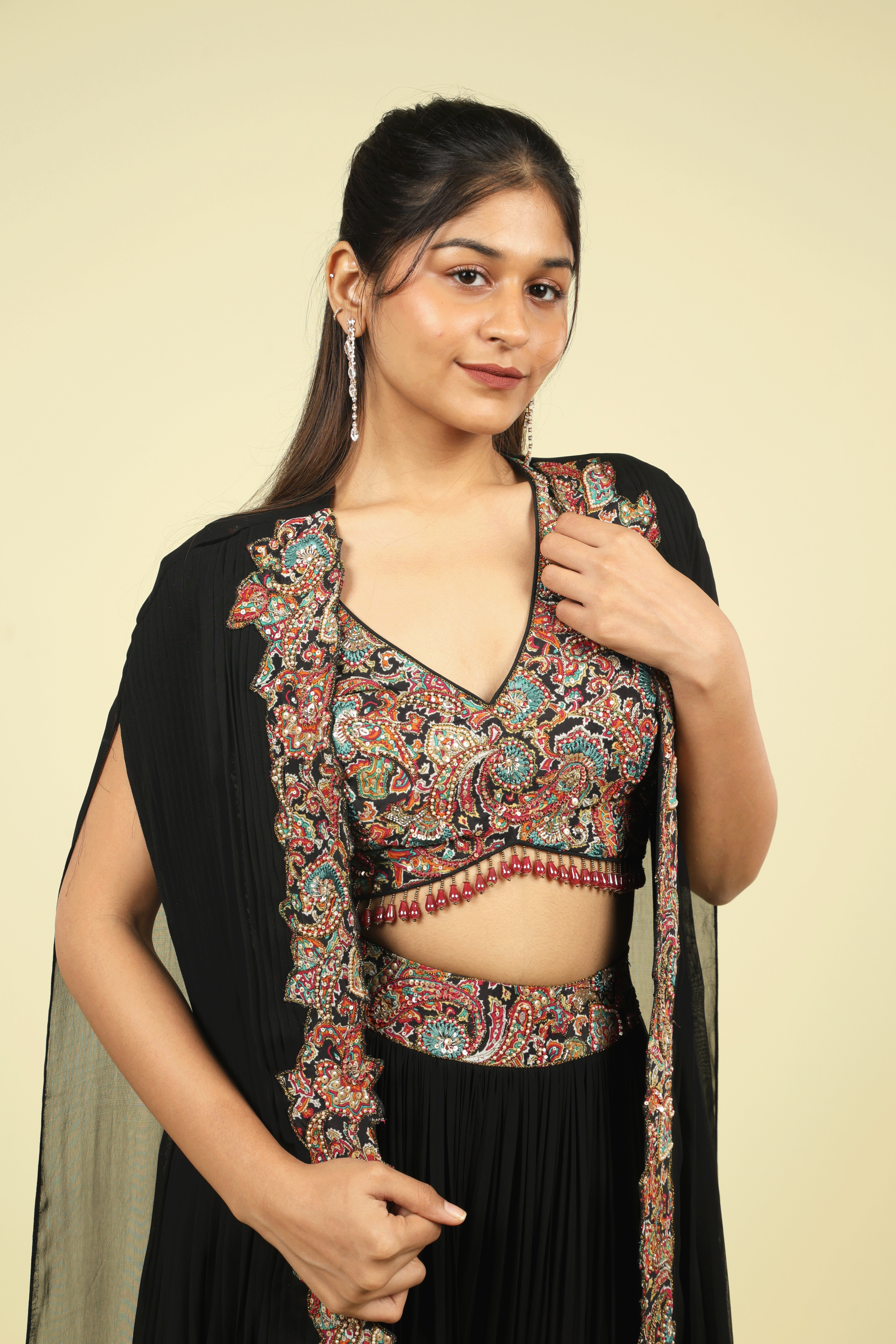 Black Georgette Crop Top Palazzo Set with Embroidered Cape