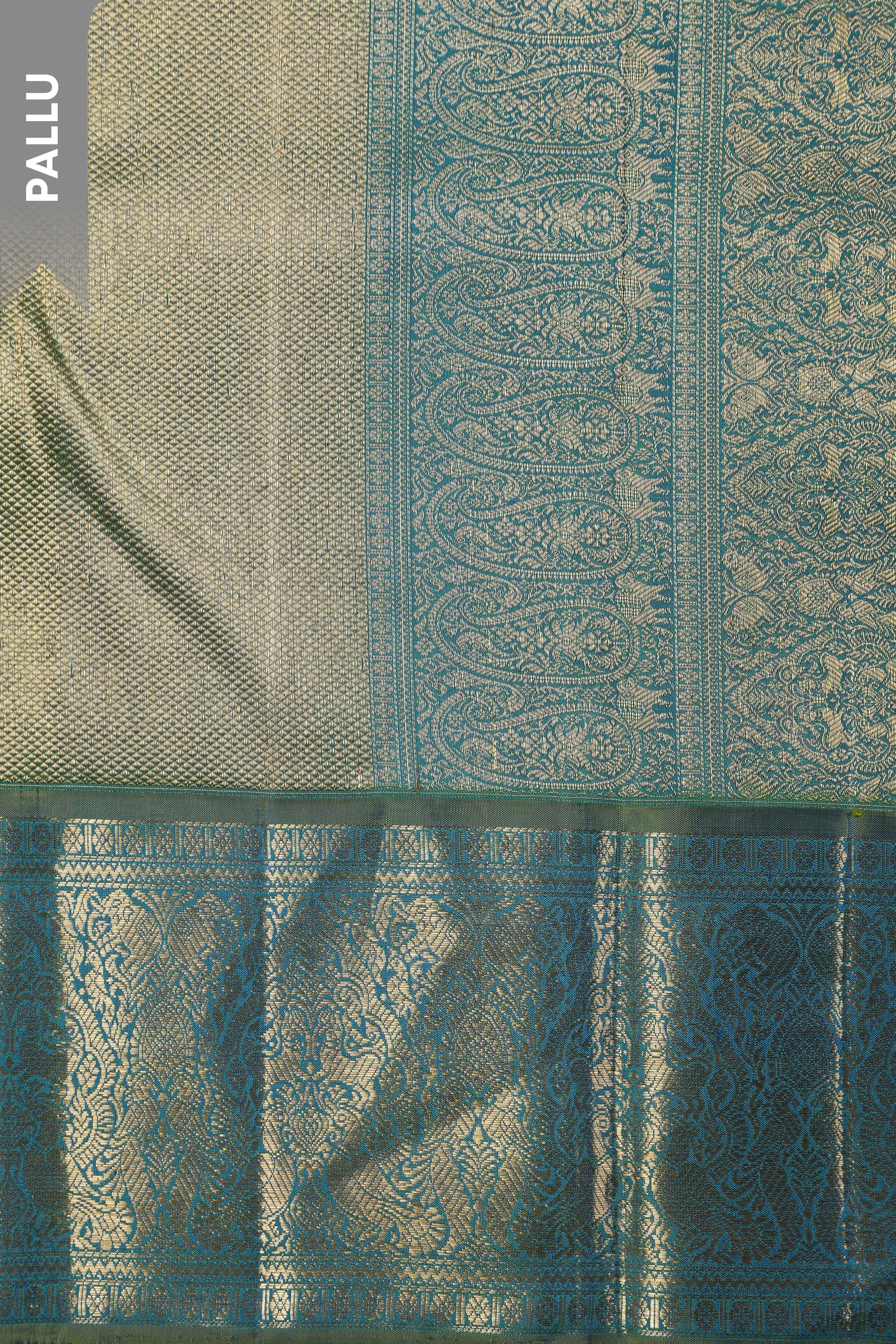 Ivory Kanchipuram Silk Saree with Peacock Blue Zari Border - Mokshaa
