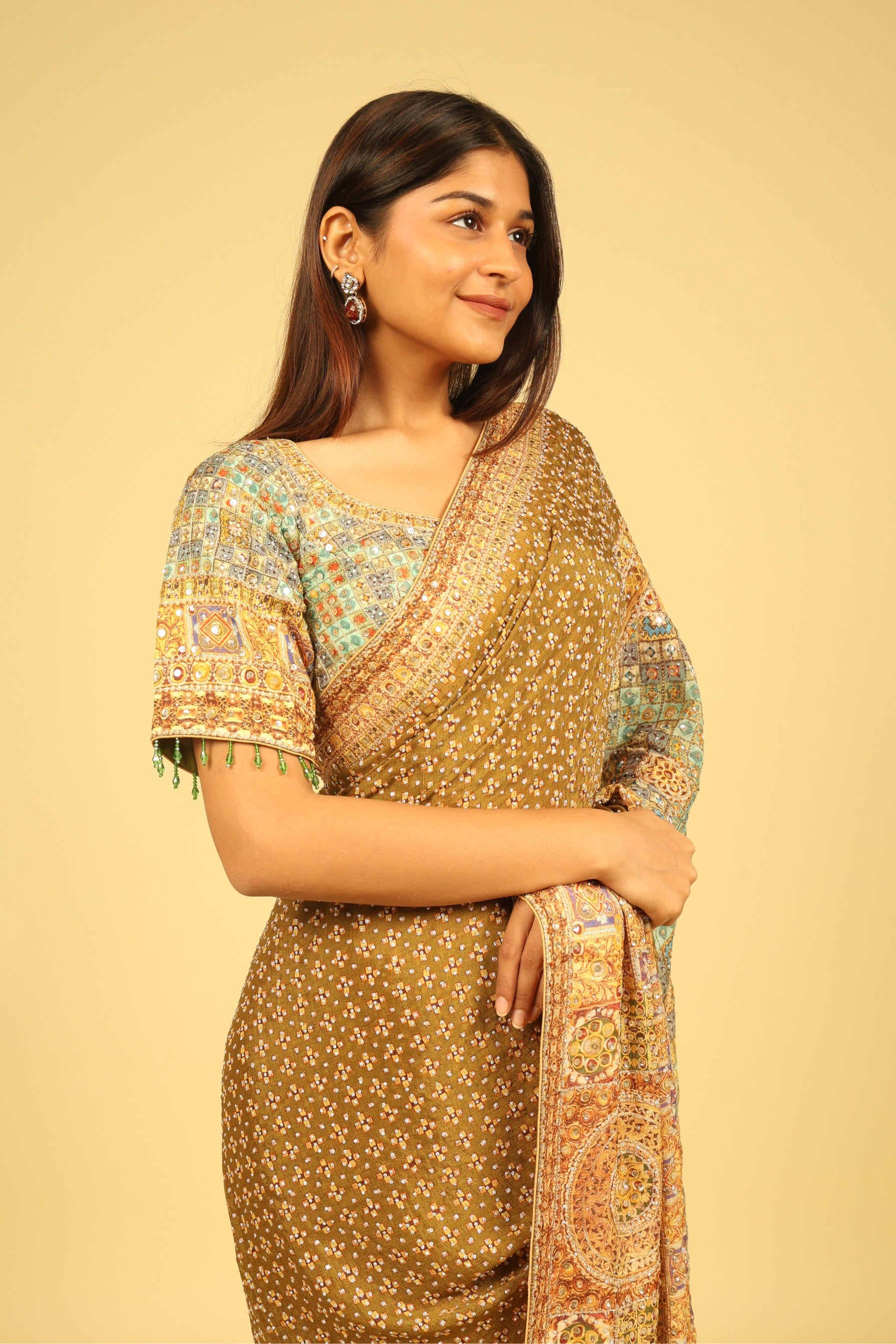 Dusty Green Soft Georgette Saree with Multicolour Digital Print, Sequin & Mirror Highlights