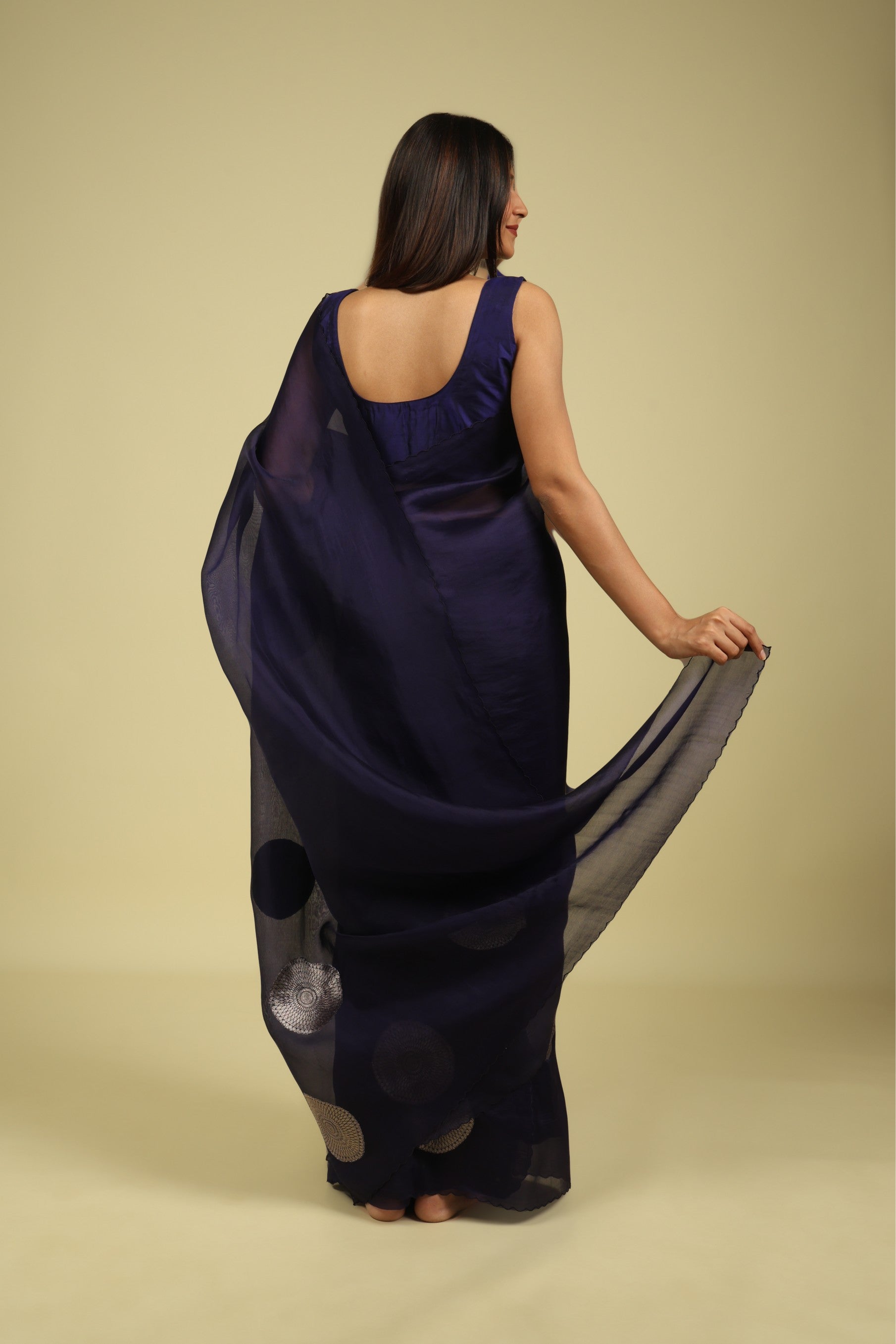Navy Blue Organza Saree with Zari Appliqué Motifs