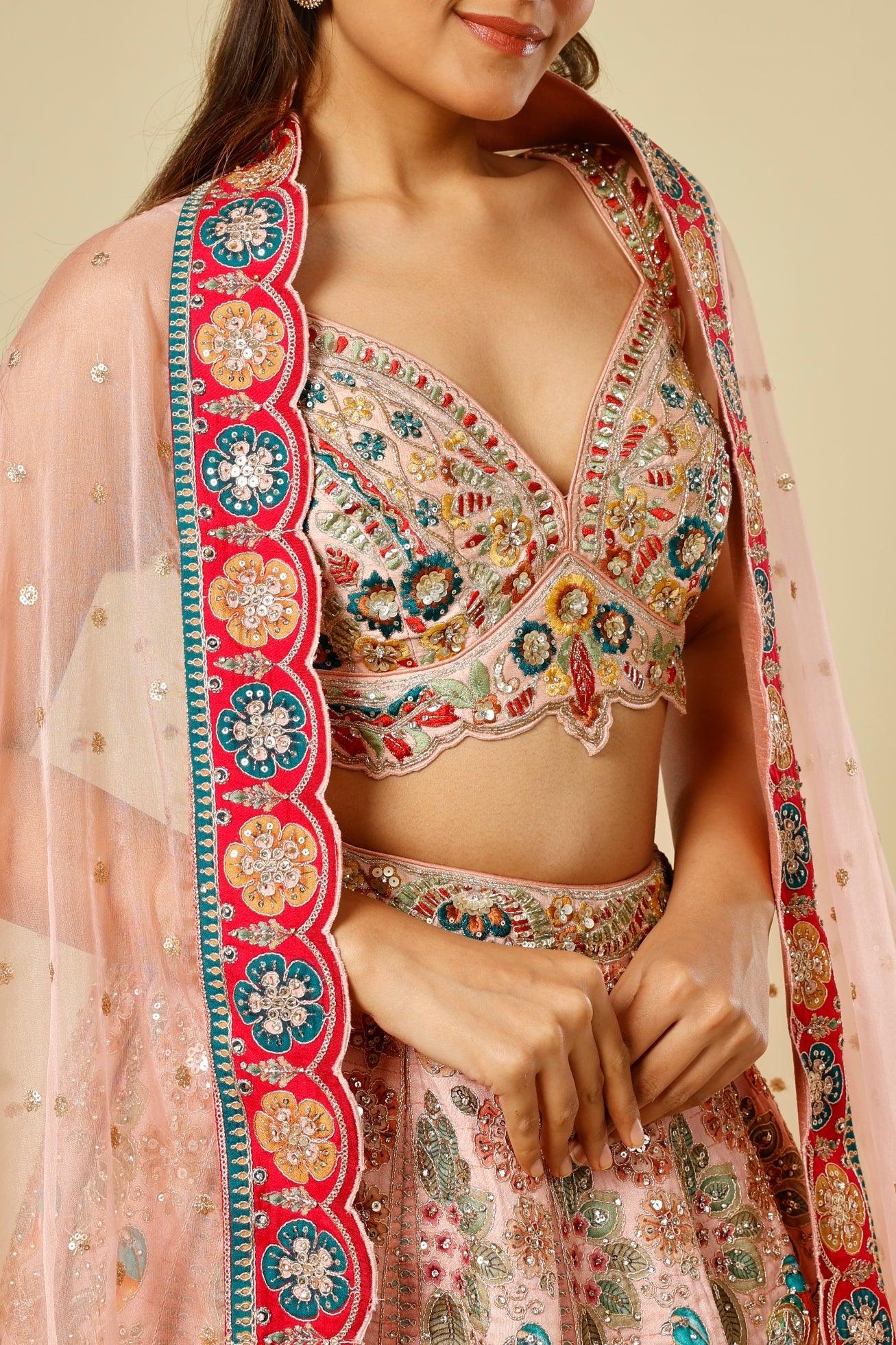Blush Pink Silk Lehenga Set with Zari, Sequin & Stone Embroidery