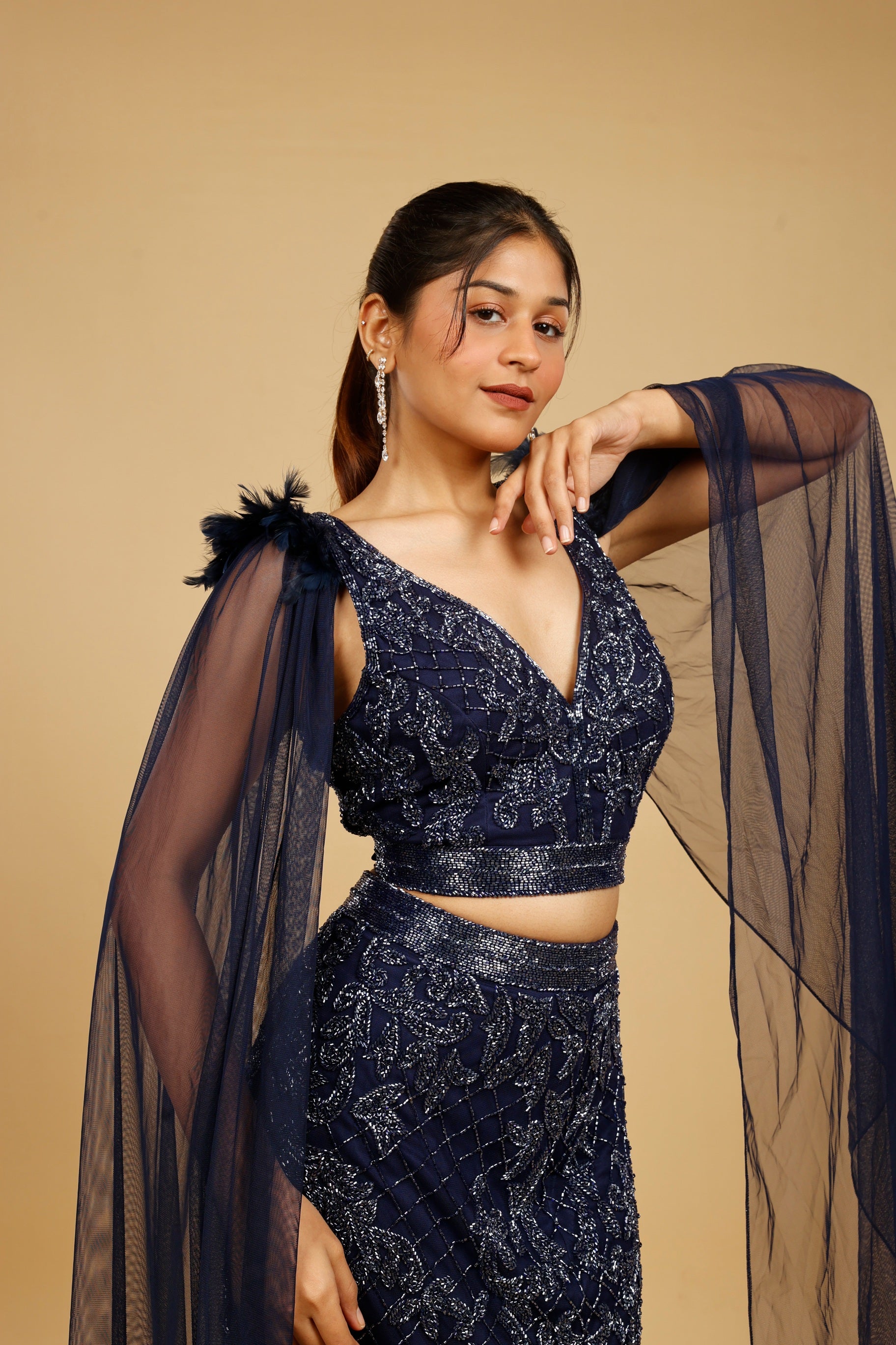 Navy Blue Net Mermaid Skirt Set with Cutdana Embroidery