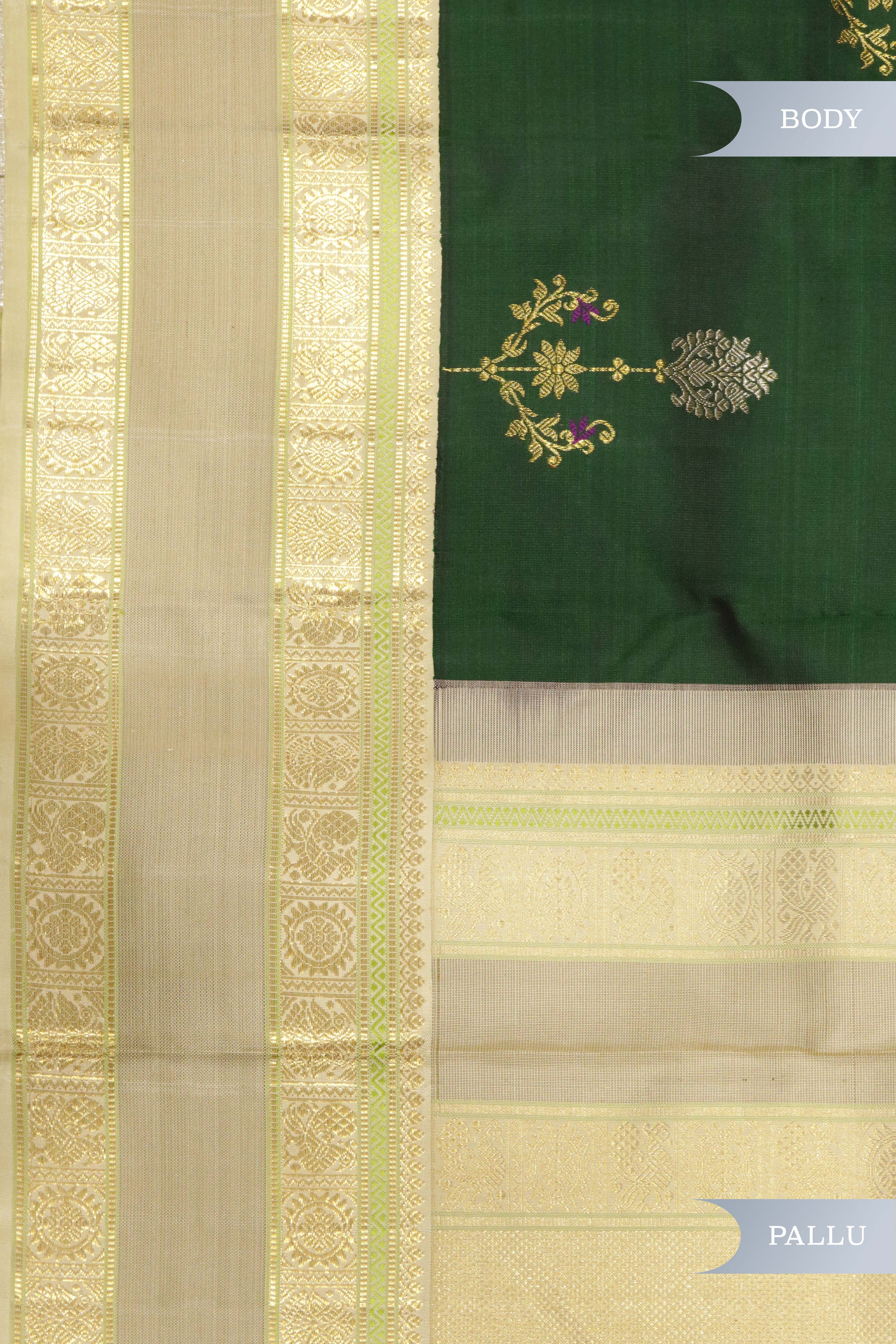 Bottle Green Kanchipuram Silk Saree with Silver & Gold Zari Thread Motifs and Contrast Border