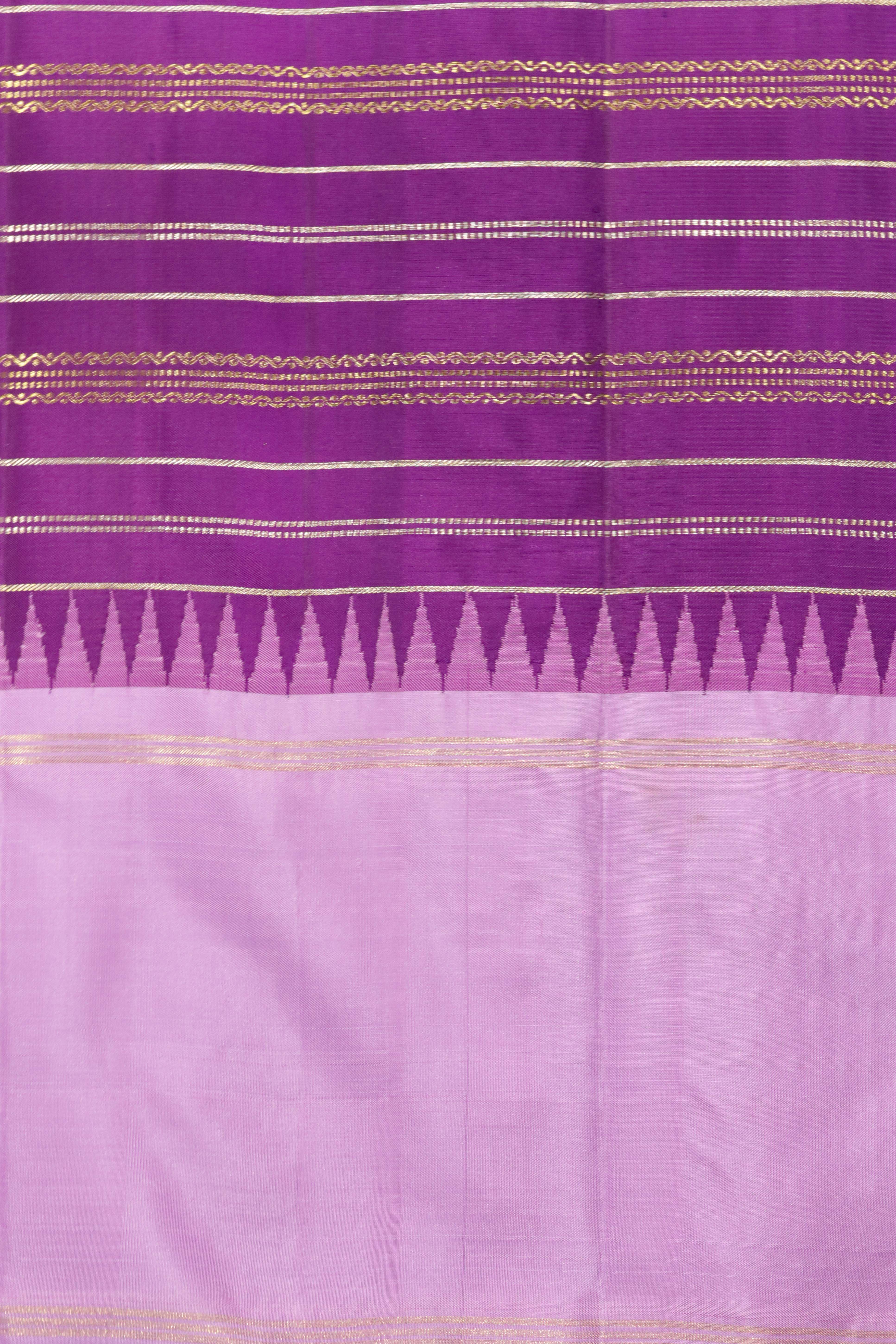 Purple Kanchipuram Silk Saree with Gold & Silver Zari Stripes and Contrast Silk Border