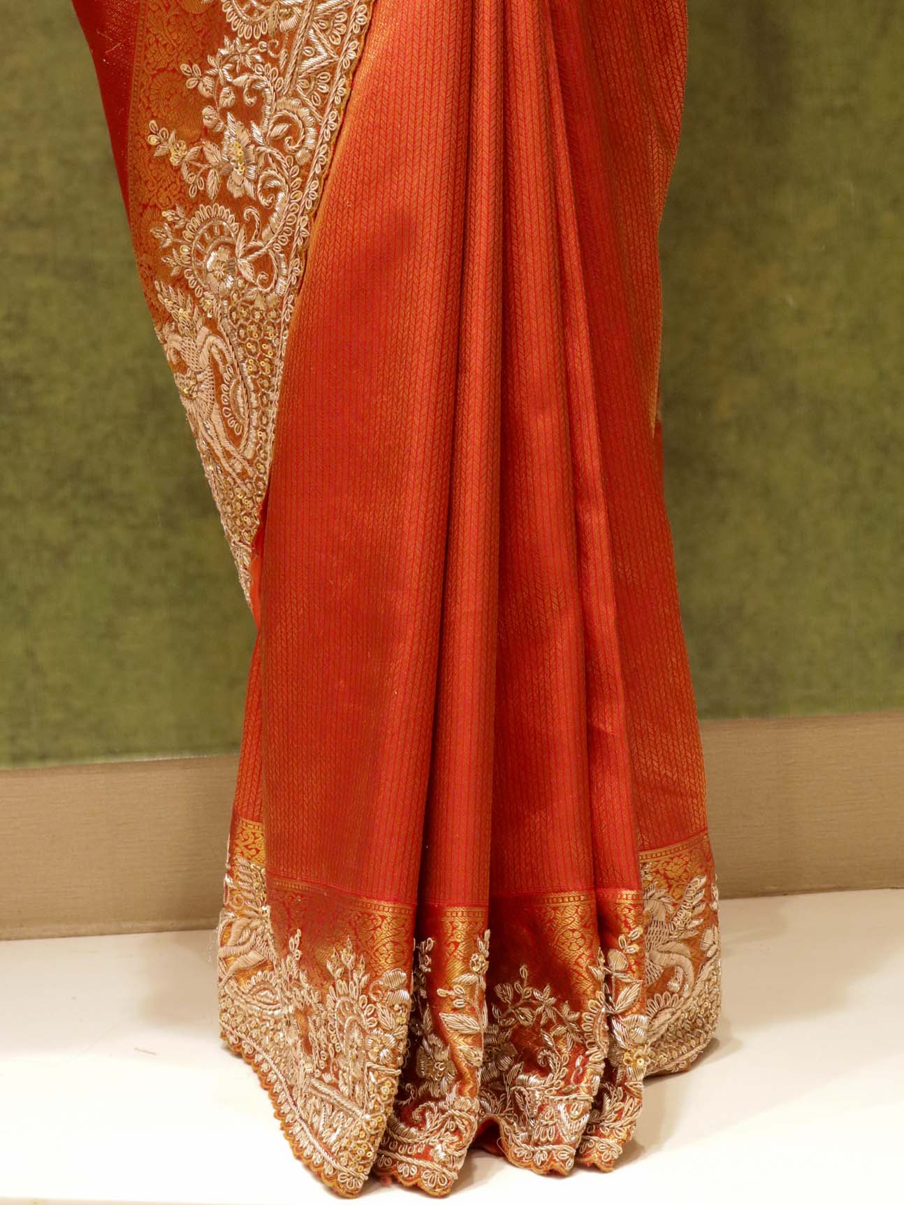 Reddish Orange Kanjivaram Silk Saree with Zardosi & Bead Work Border