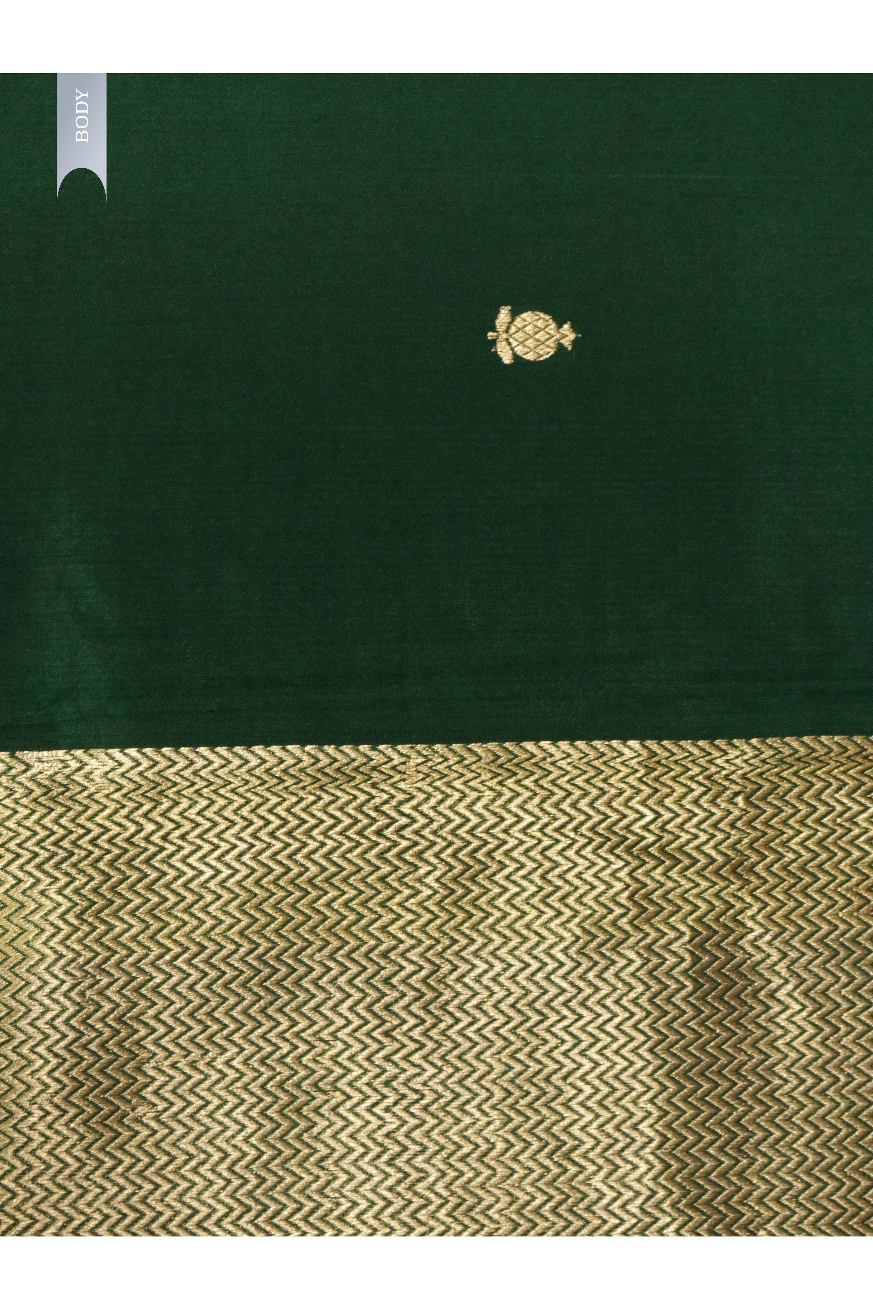 Bottle Green Banarasi Silk Saree with All-Over Buttas & Zari Border - Mokshaa