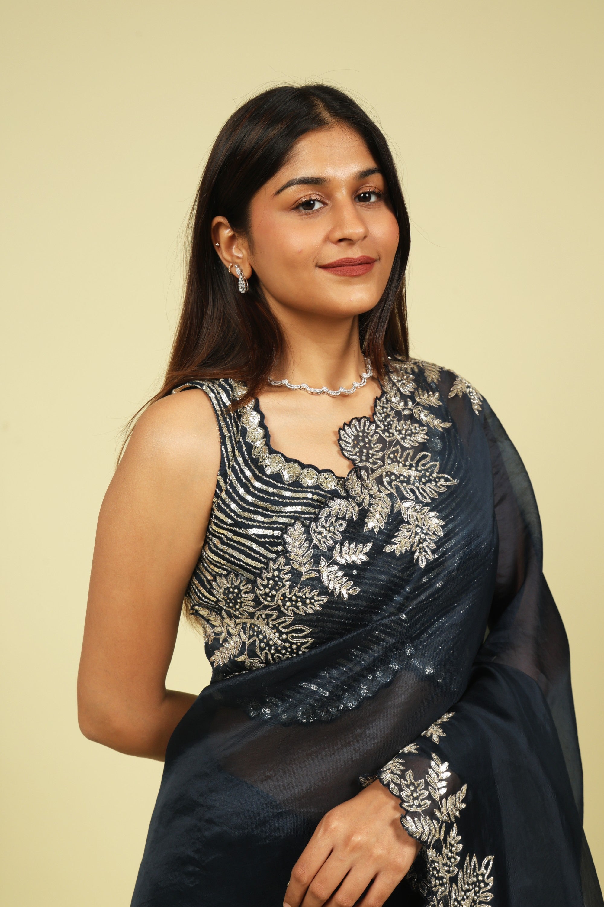 Navy Blue Organza Saree with Aari Beads, Sequins & Fancy Cut Border