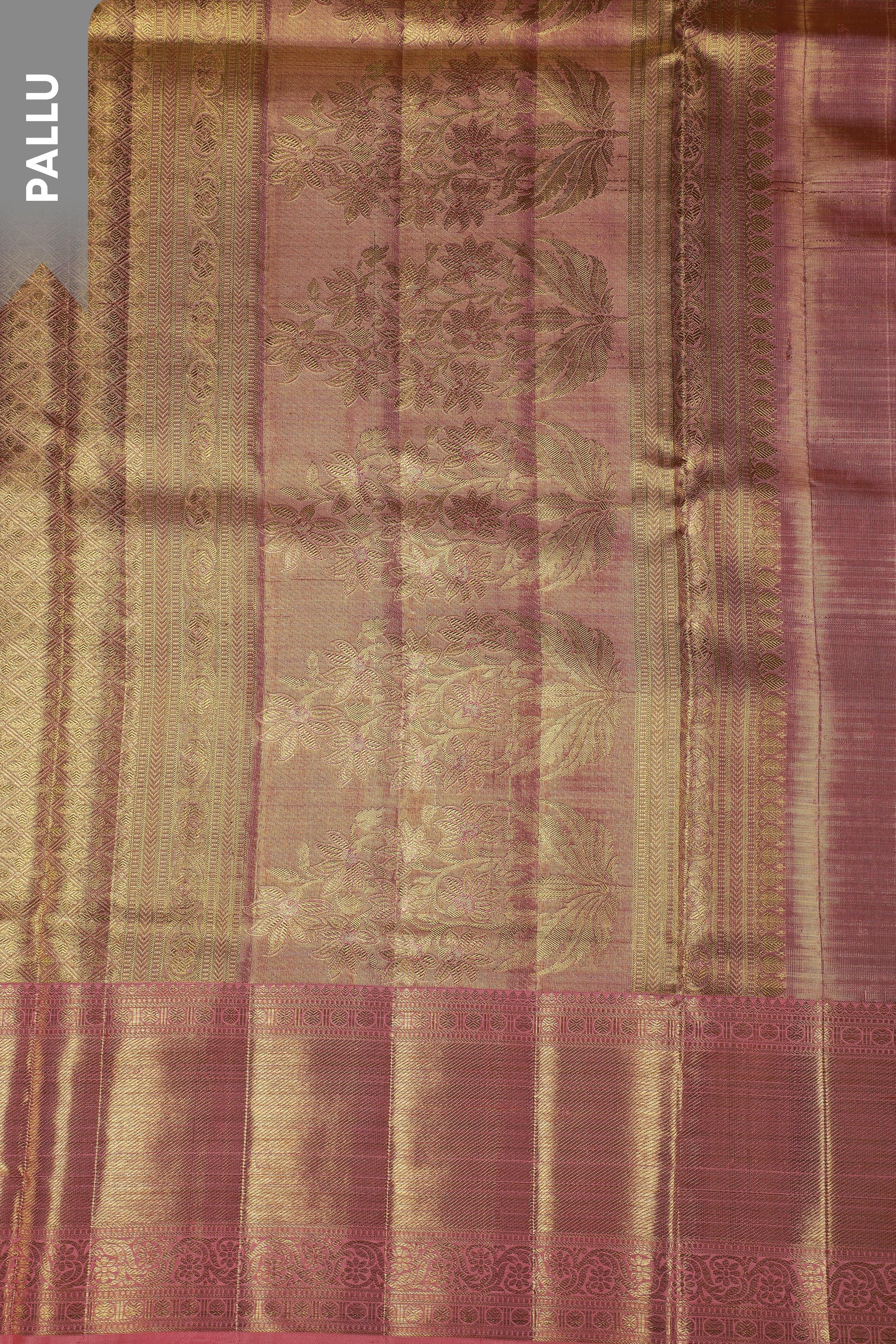 Gold Tissue Silk Saree with Coral-Mustard Base and Parrot Motifs Mokshaa