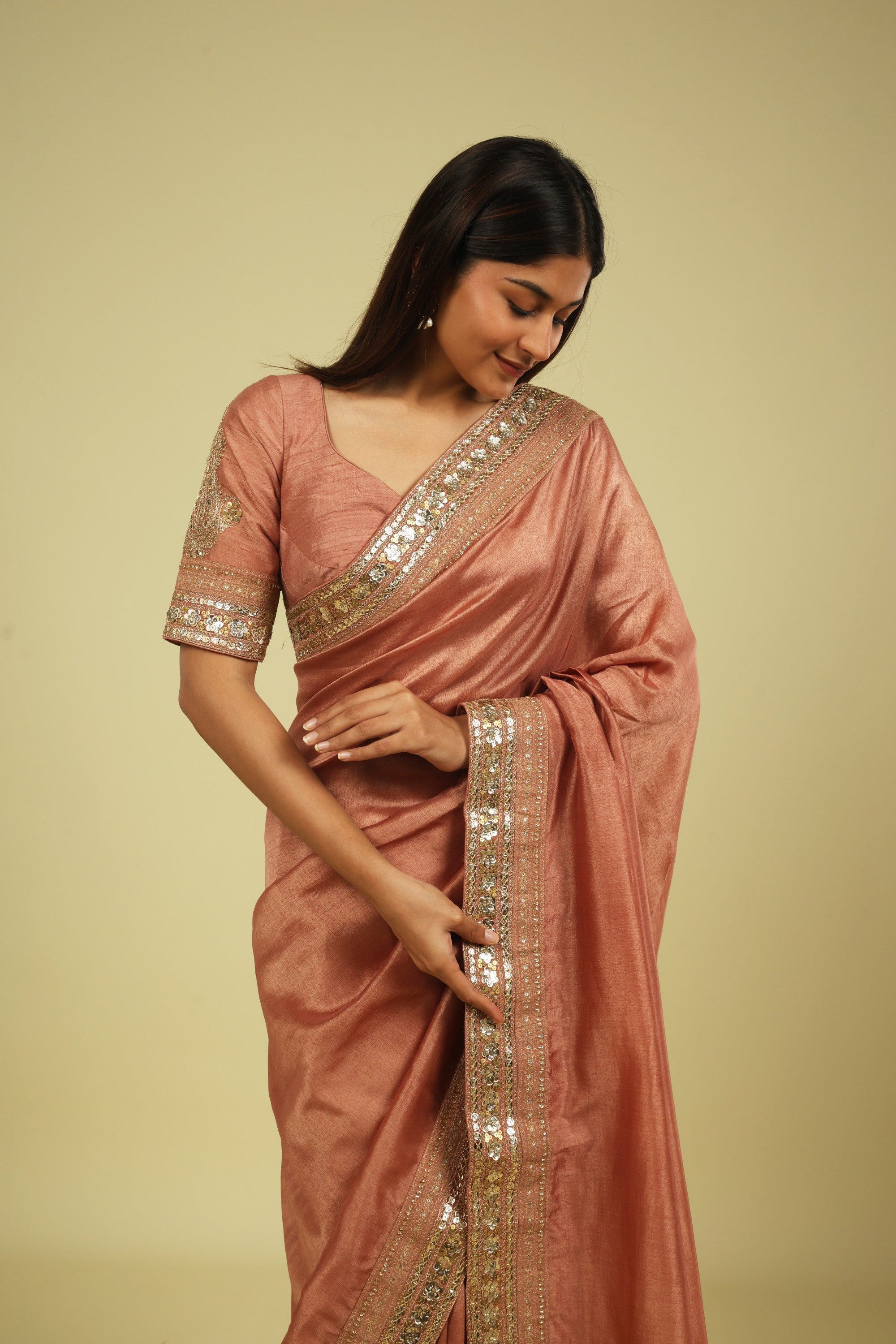 Rust Peach Tussar Georgette Saree with Zari Thread & Sequin Border
