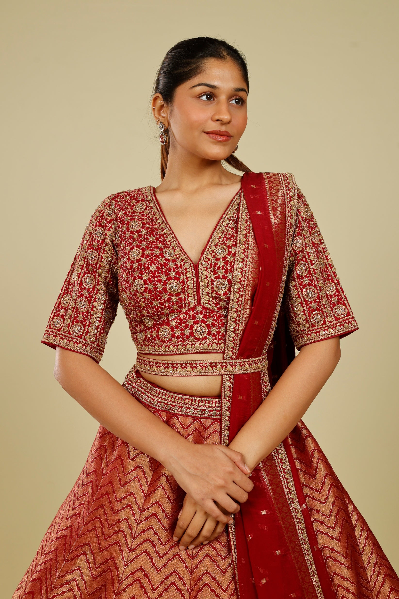 Maroon Banarasi Lehenga Set with Zari, French Knot & Cutdana Embroidery | Mokshaa