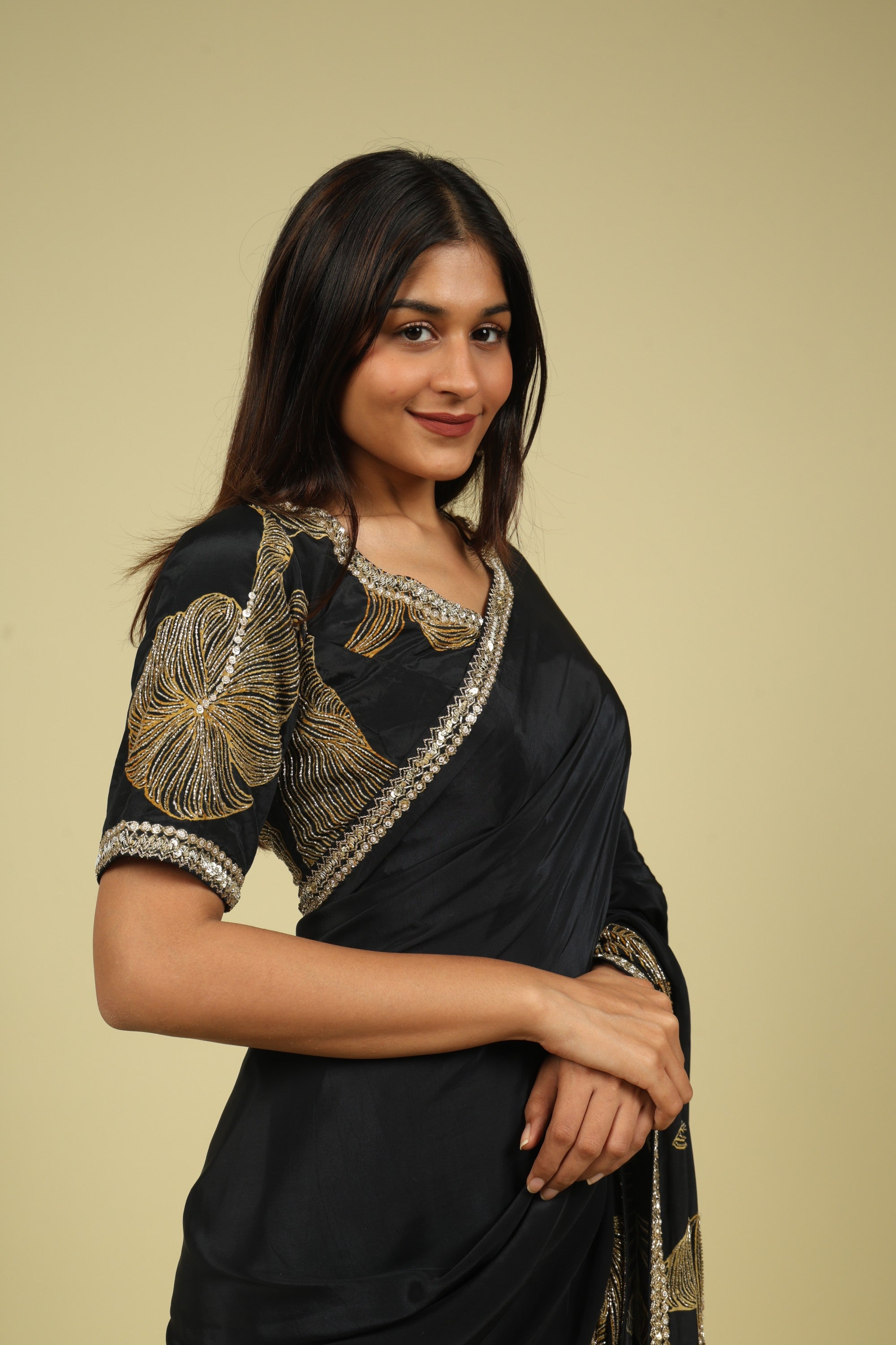 Black Satin Saree with Kardana & Sequin Fancy Work