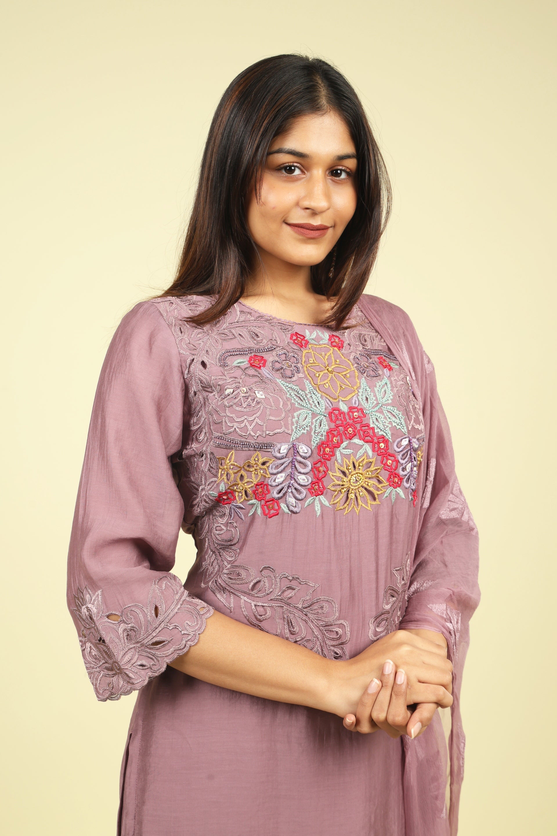 Dark Lavender Mul Chanderi Embroidered Straight Cut Salwar Suit