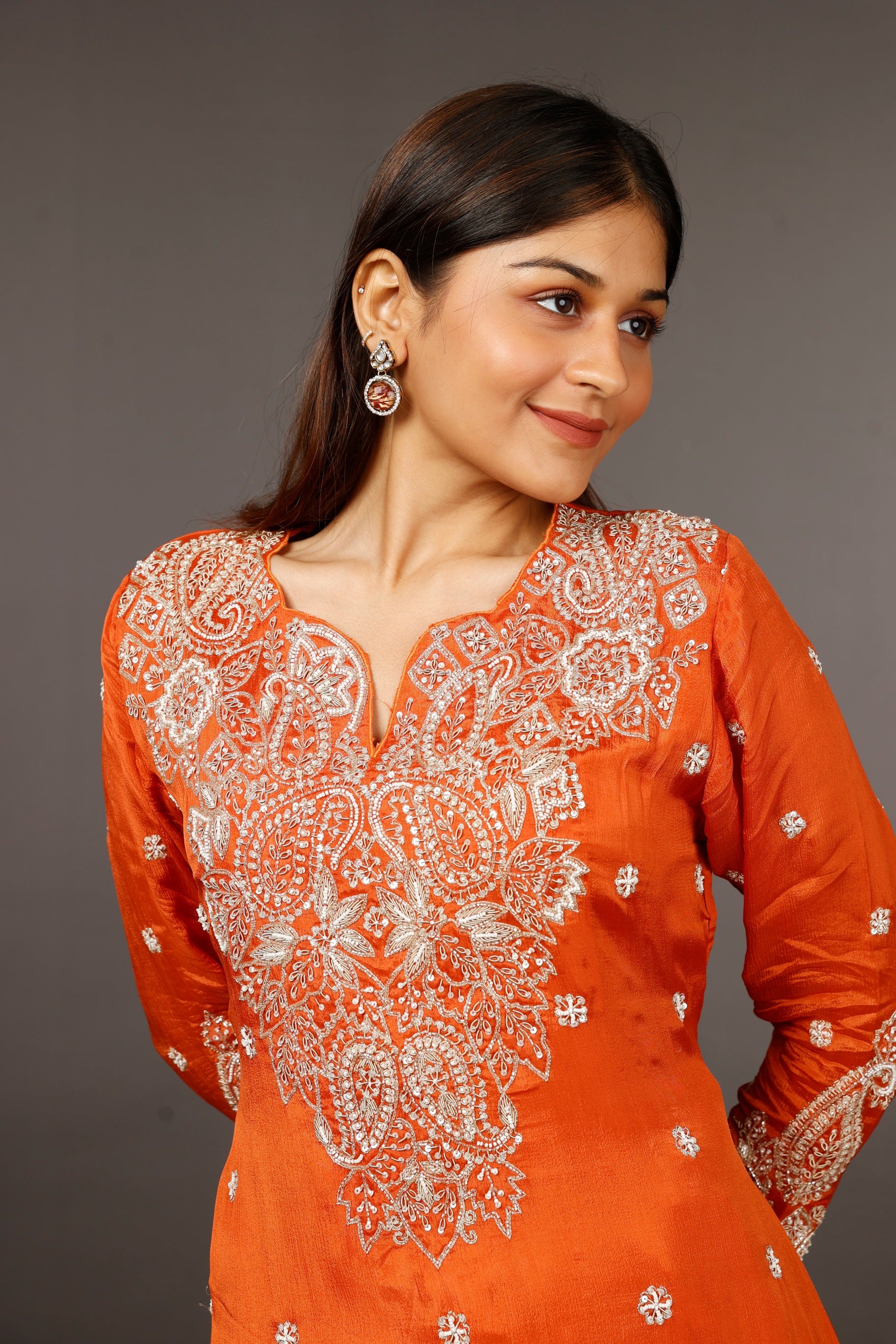 Rust Chinon Silk Indo-Western Kurta with Cream Dhoti Pants