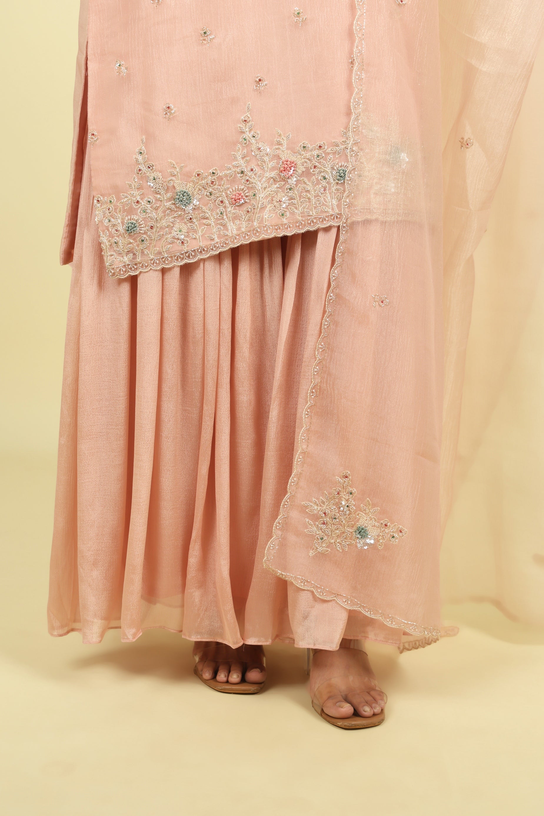 Pink Embroidered Crush Tissue Sharara Set