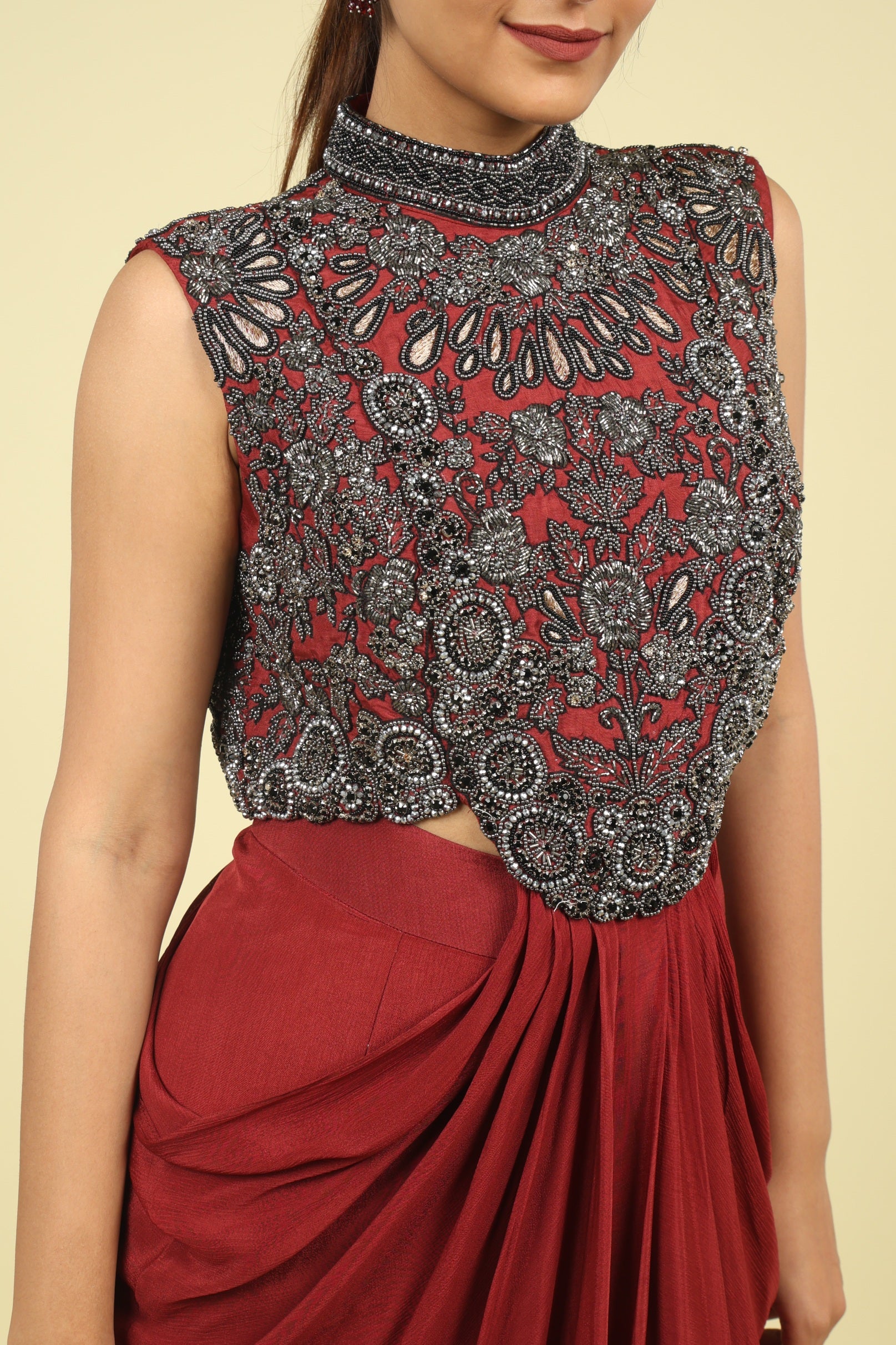 Maroon Draped Indo-Western Silk Set with Metallic & Thread Embroidery - Mokshaa