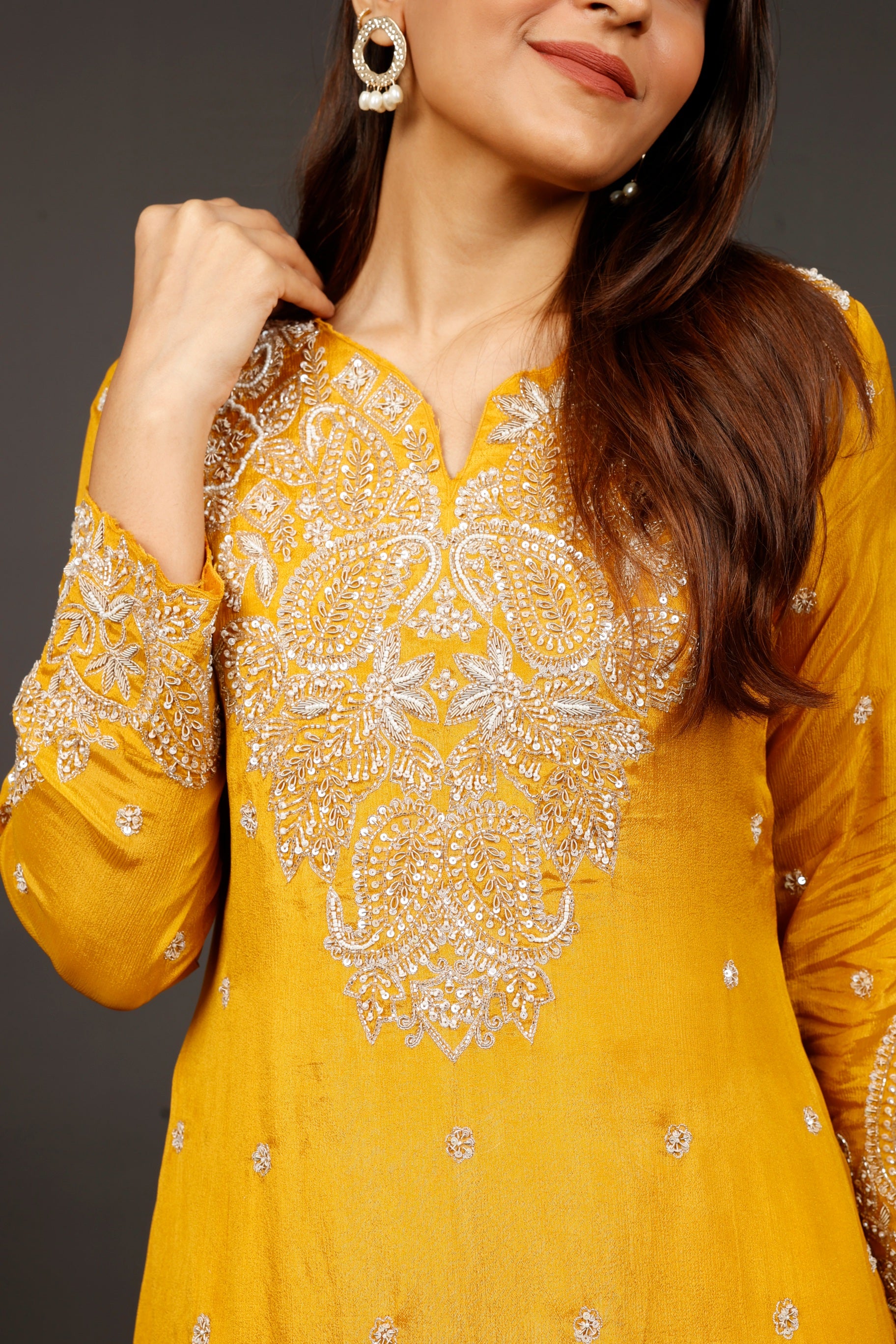 Yellow Chinon Silk Indo-Western Kurta with Cream Dhoti Pants
