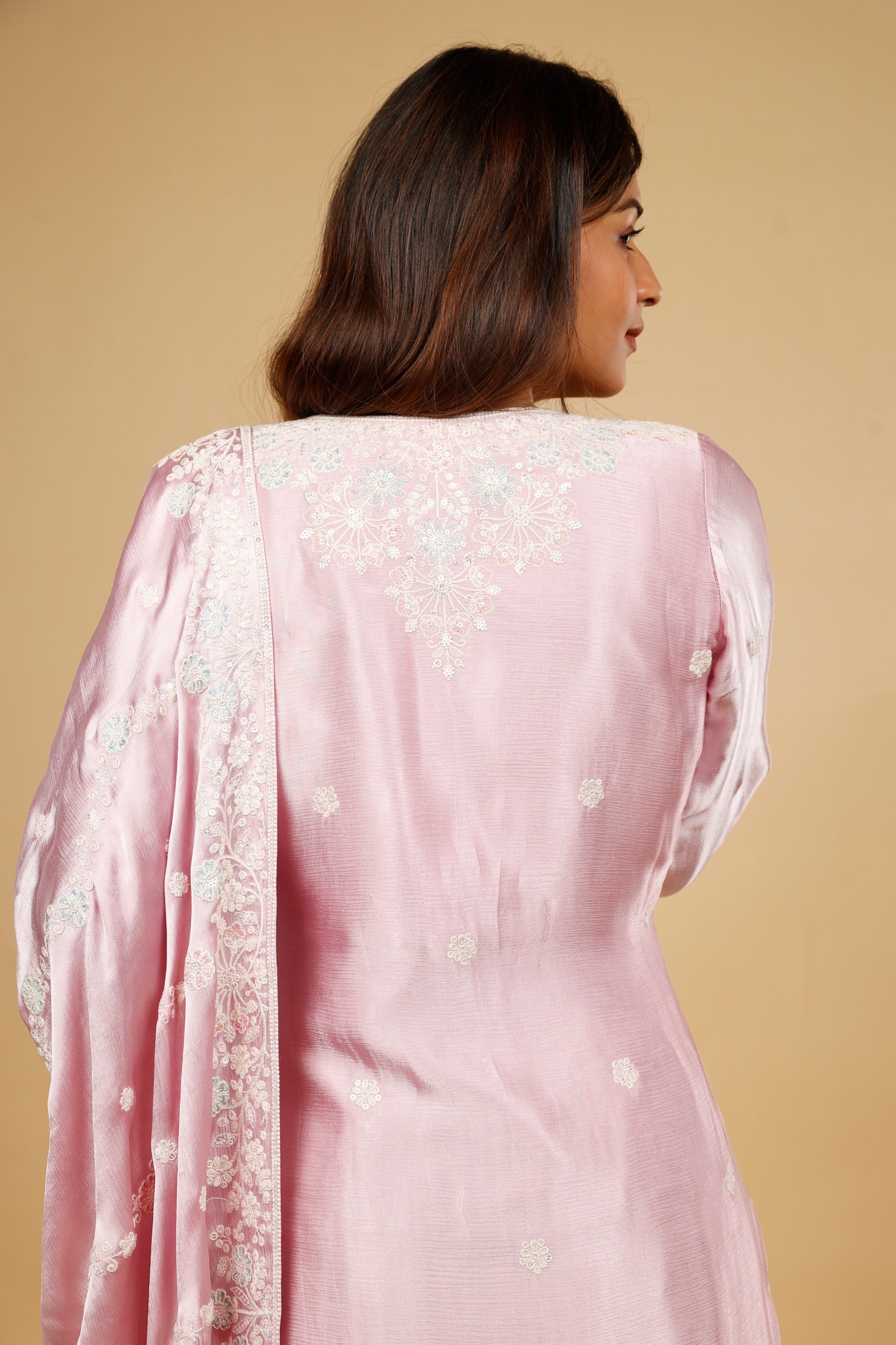 Blush Pink Chinon Silk Sharara Set with Thread, Pearl & Sequin Embroidery