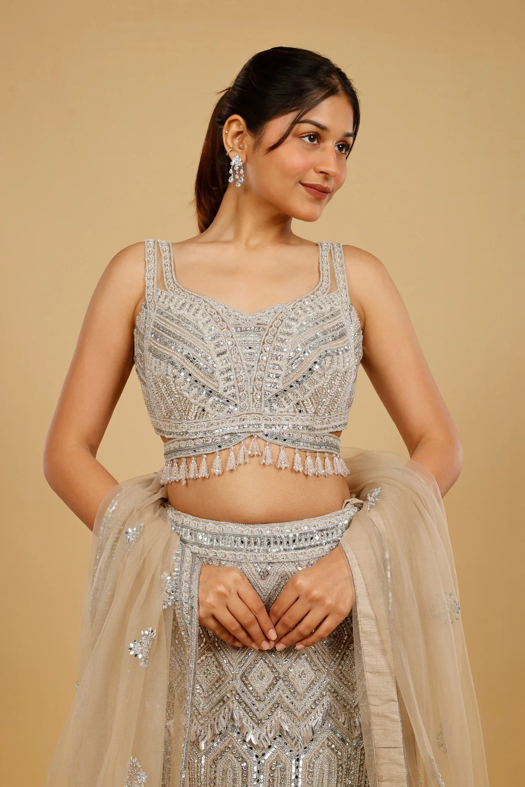 Champagne Net Mermaid Lehenga Set with Mirror, Pearl & Sequin Embroidery