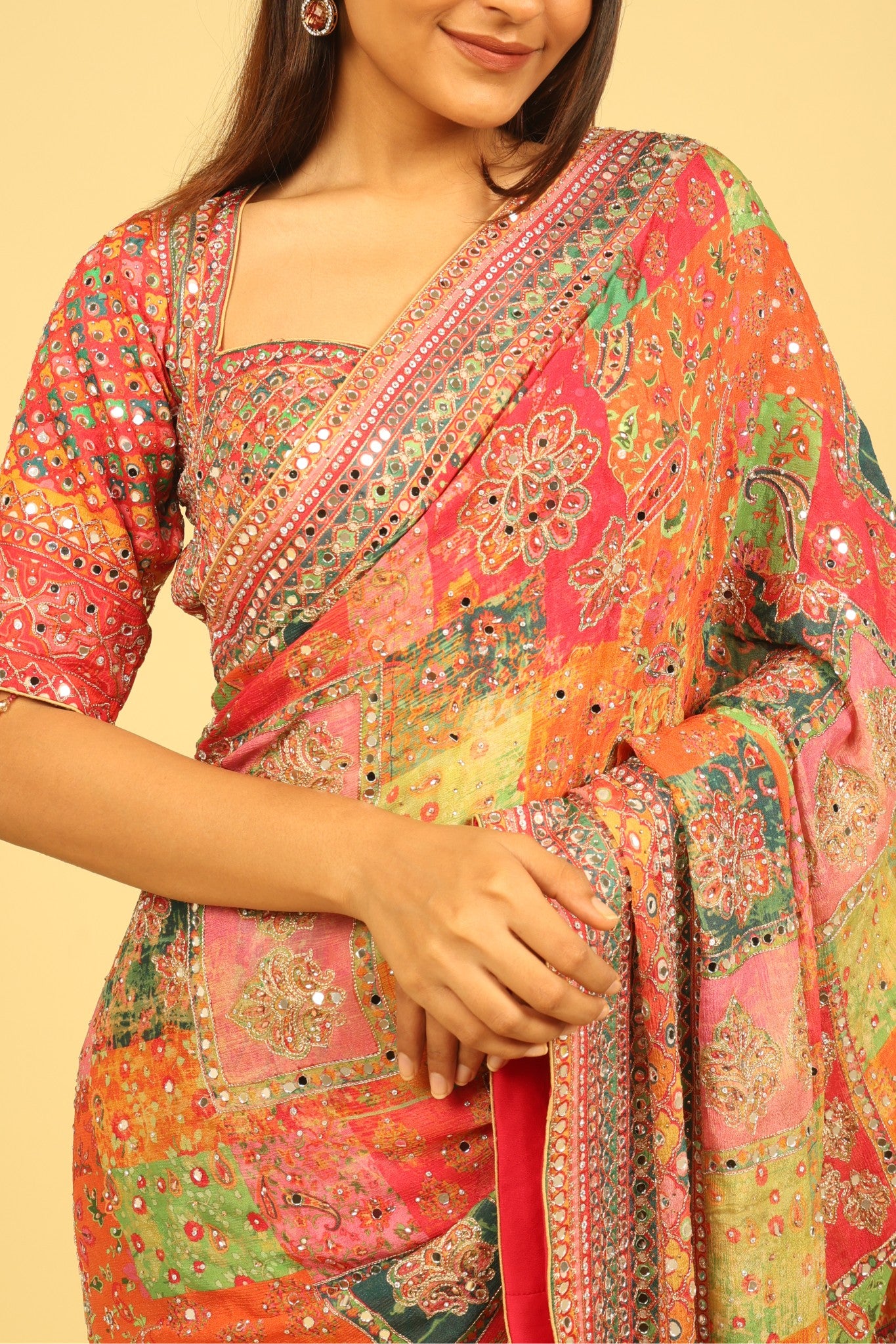 Multicolour Soft Georgette Saree with Digital Print, Sequin & Mirror Highlights