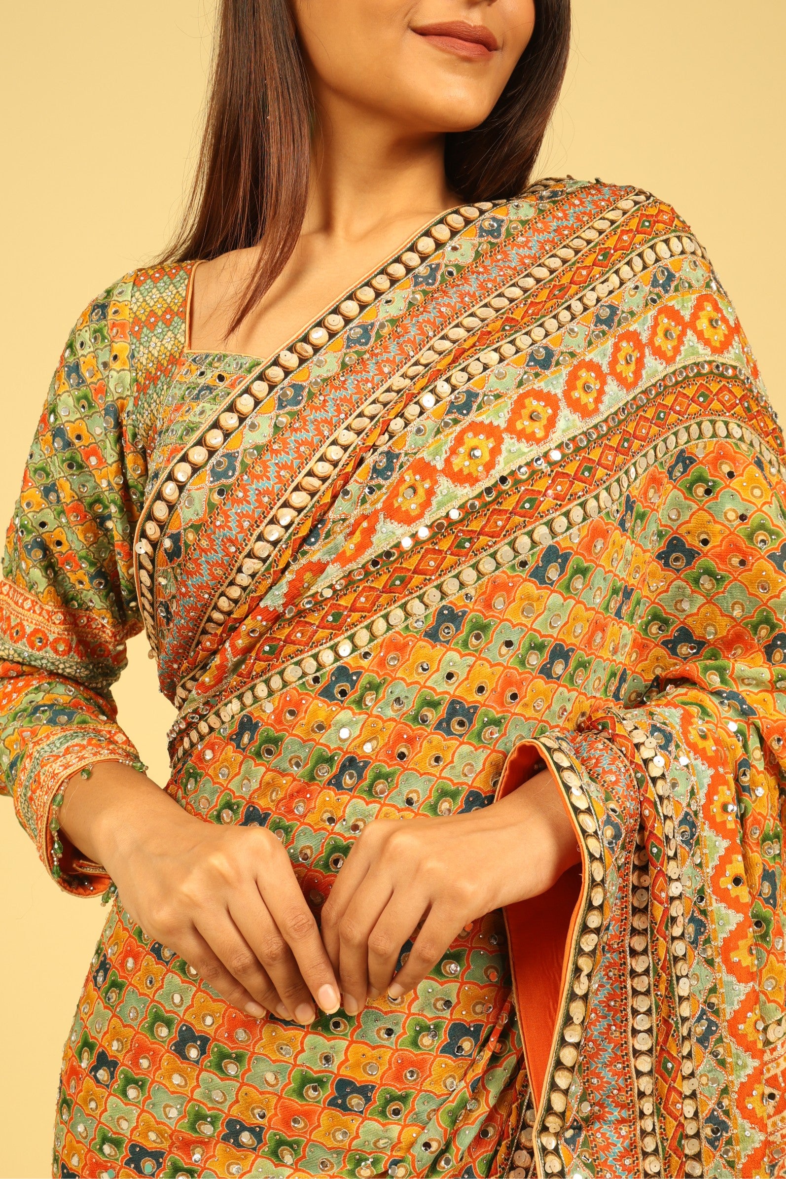 Multicolour Soft Georgette Saree with Digital Print, Sequin & Mirror Highlights - Mokshaa