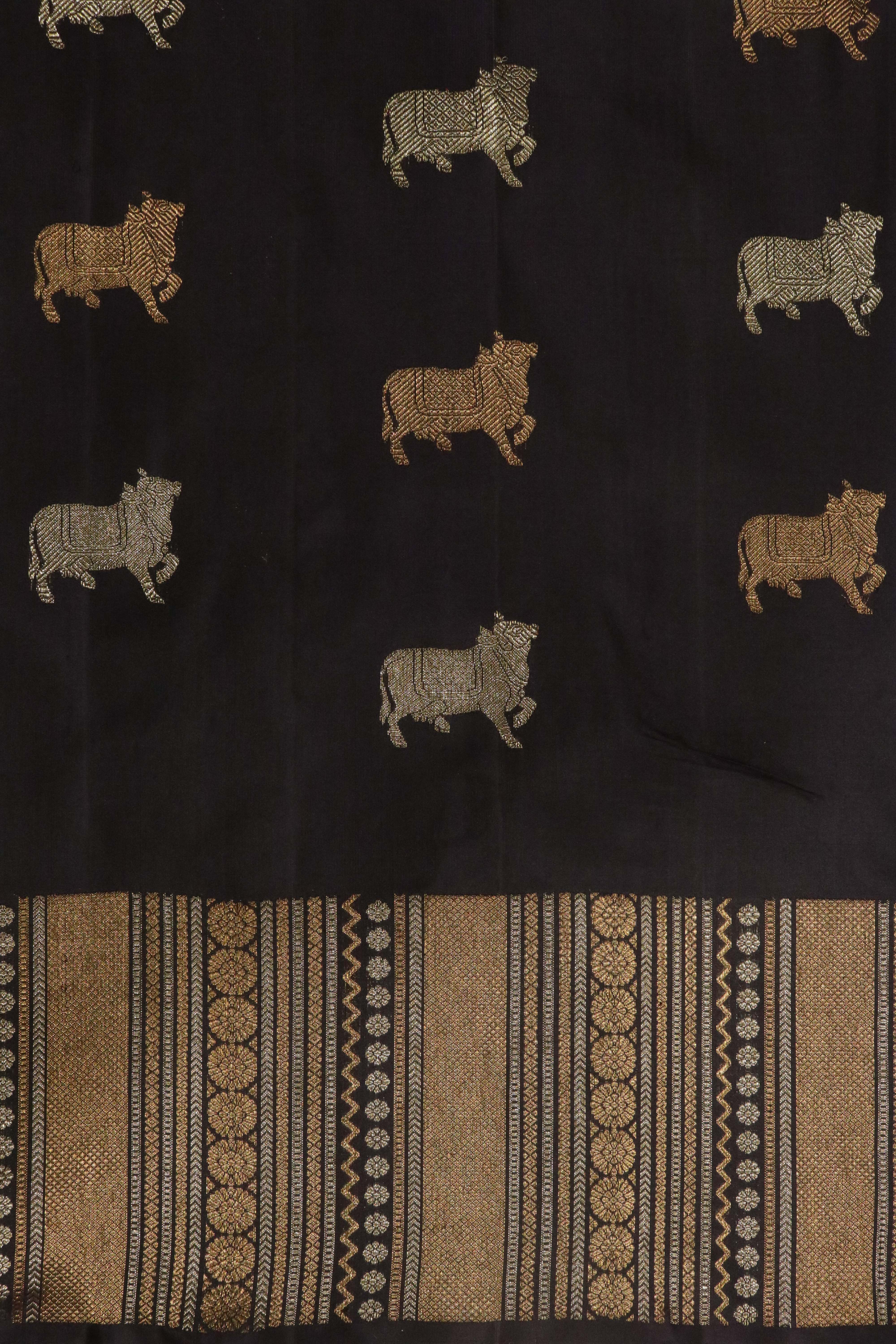 Deep Purple Kanchipuram Silk Saree with Gold & Silver Cow Motifs and Fancy Border