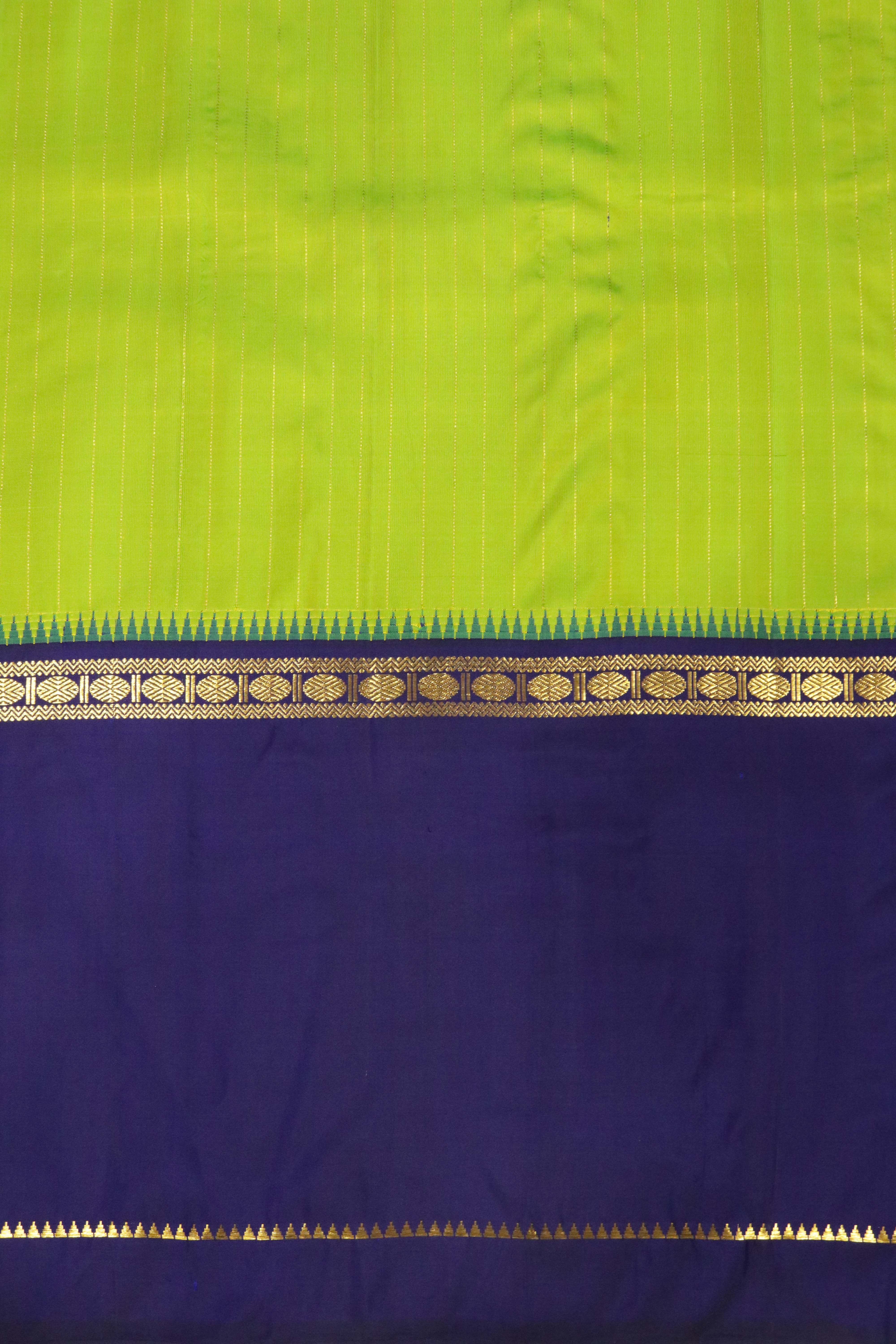 Green & Blue Kanchipuram Silk Saree with Vertical Zari Lines & Rudraksha Border
